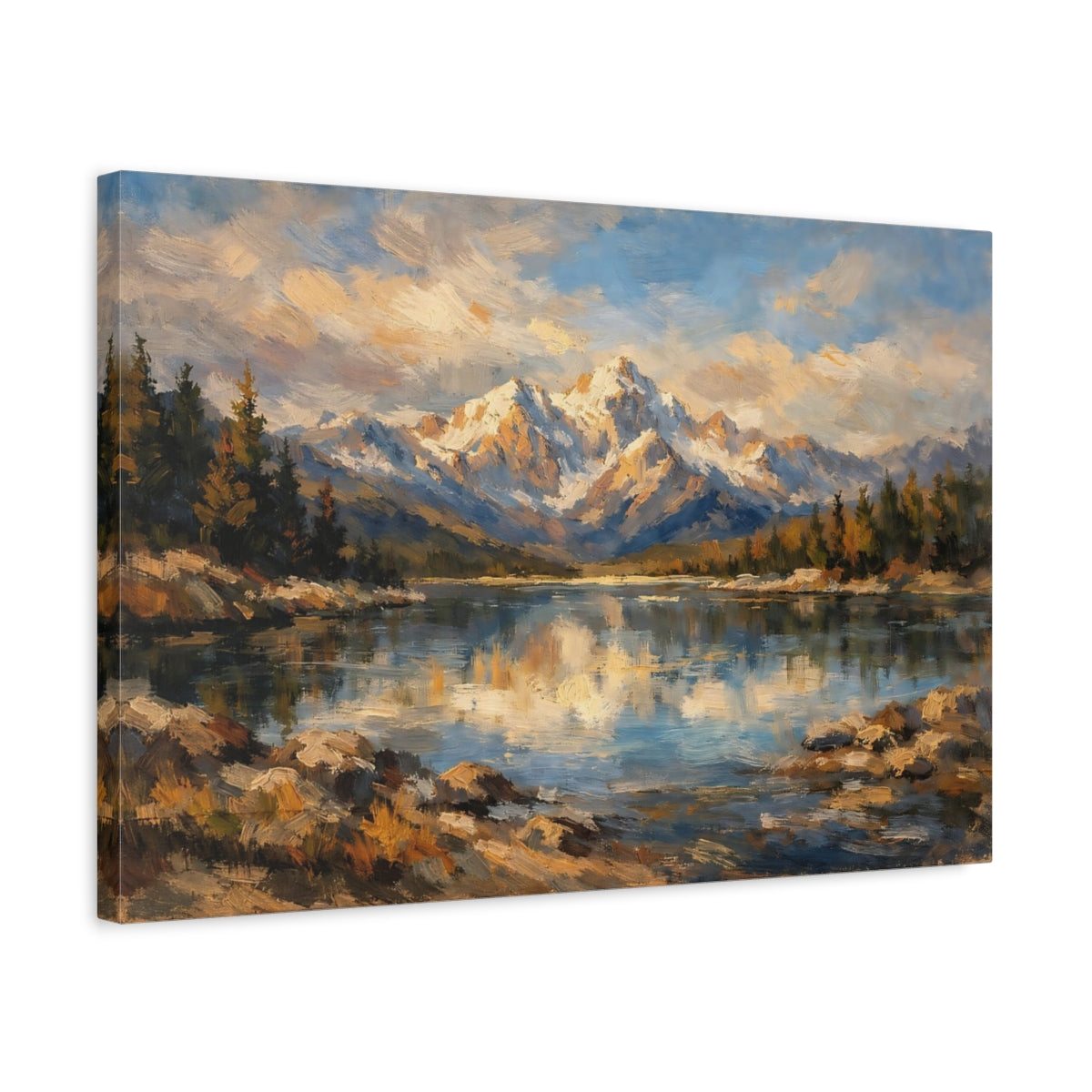 Side Mockup 3. Nature Mountain Lake Blue Gold Landscape shown as stretched canvas wall art