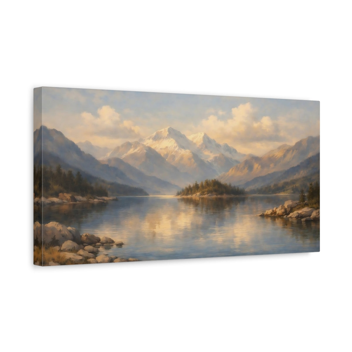 Side Mockup 3. Nature Mountain Lake Blue Gold Landscape shown as stretched canvas wall art