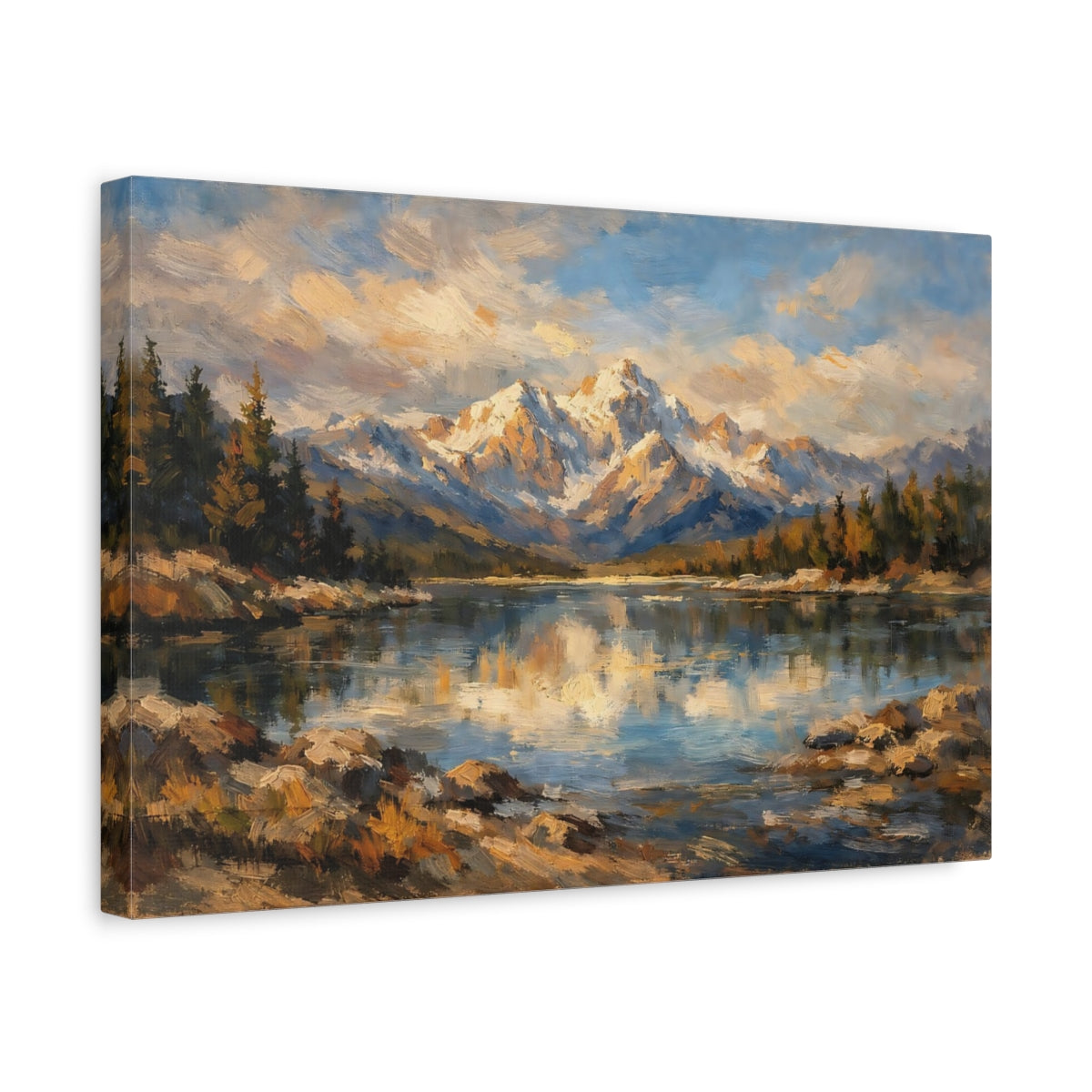 Side Mockup 4. Nature Mountain Lake Blue Gold Landscape shown as stretched canvas wall art