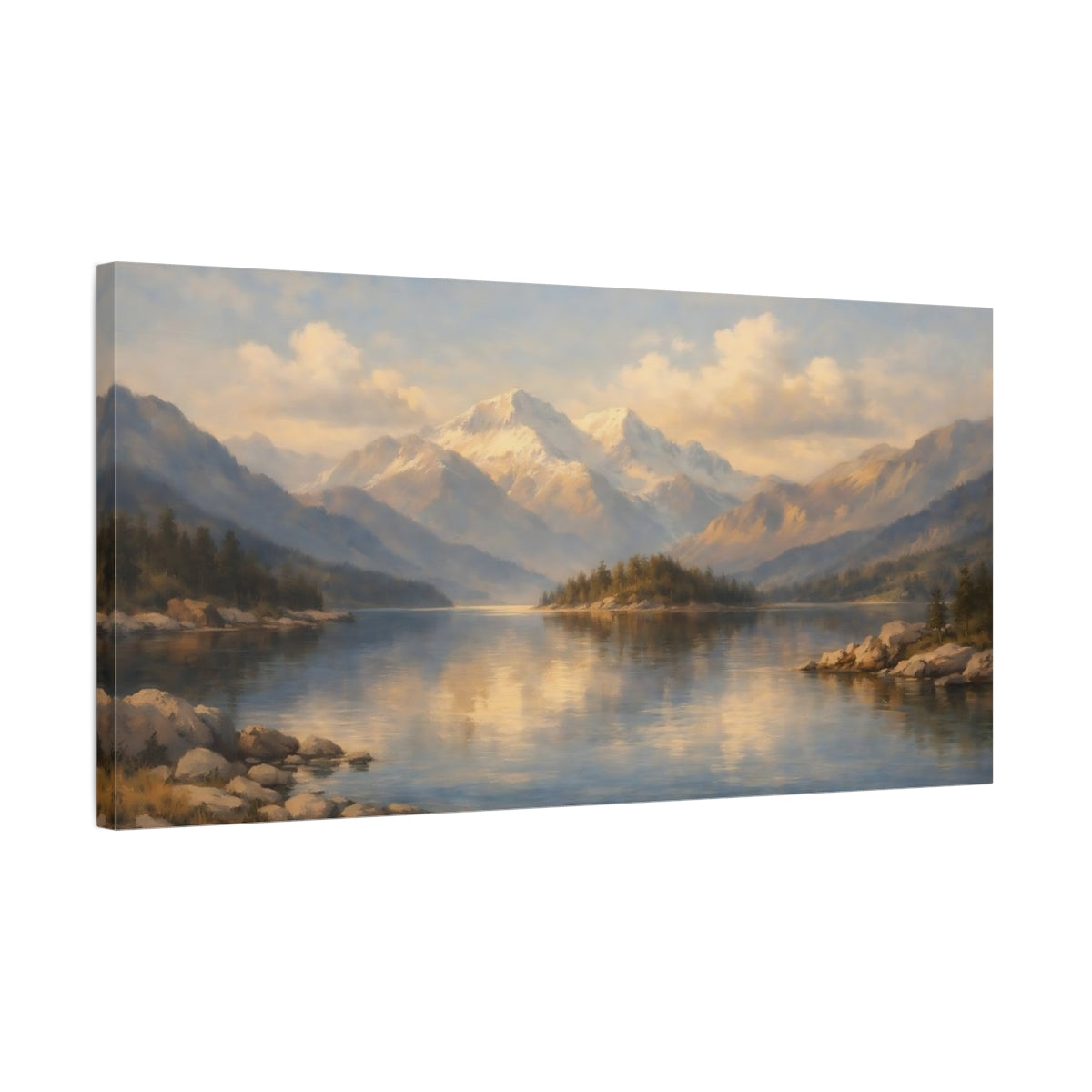 Side Mockup 2. Nature Mountain Lake Blue Gold Landscape shown as stretched canvas wall art