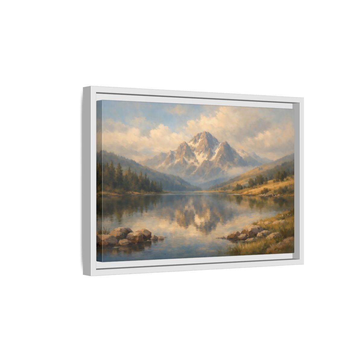Side Mockup 4. Nature Mountain Lake Blue Gold Landscape shown as stretched canvas wall art