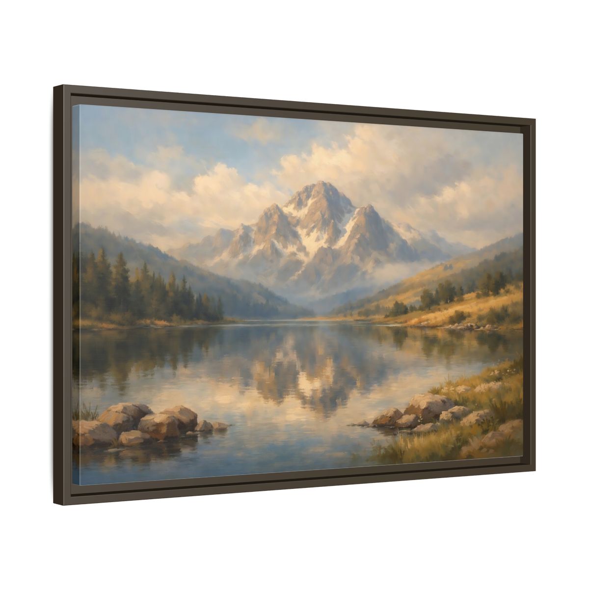 Side Mockup 11. Nature Mountain Lake Blue Gold Landscape shown as stretched canvas wall art