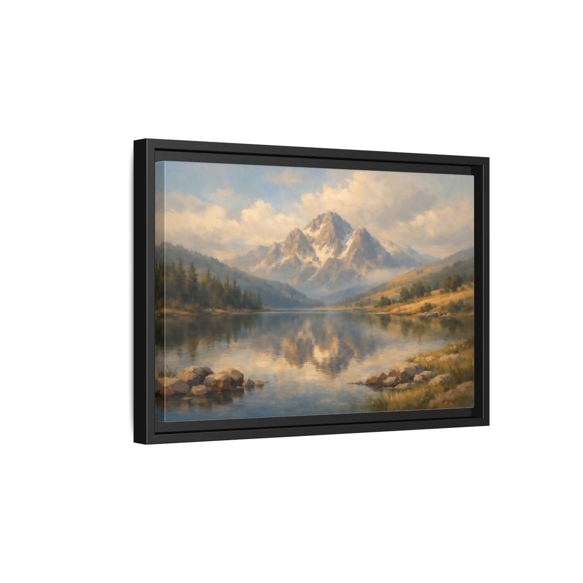 Side Mockup 6. Nature Mountain Lake Blue Gold Landscape shown as stretched canvas wall art