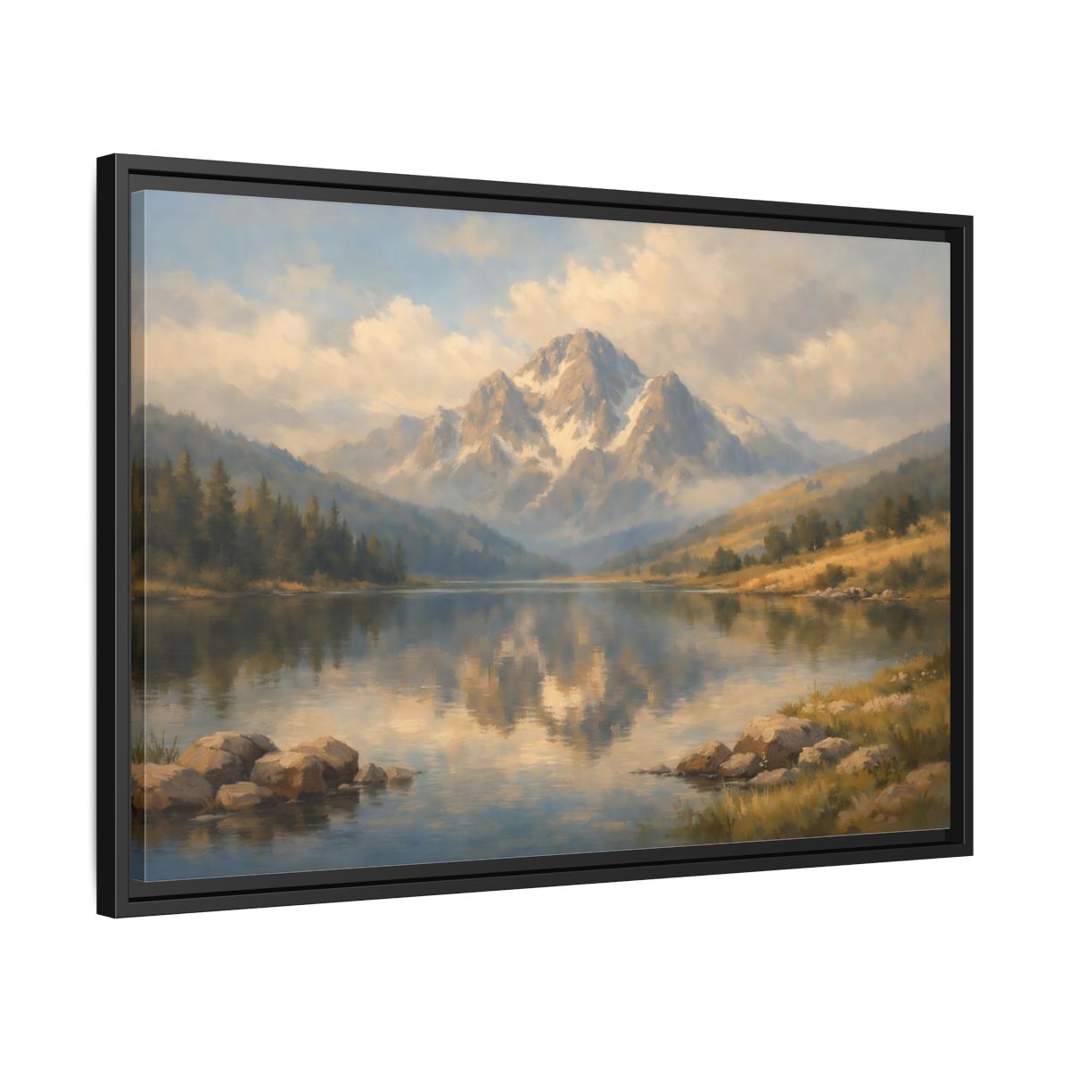 Side Mockup 14. Nature Mountain Lake Blue Gold Landscape shown as stretched canvas wall art