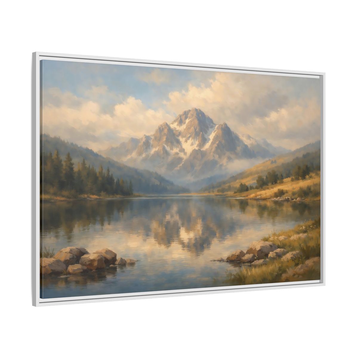Side Mockup 7. Nature Mountain Lake Blue Gold Landscape shown as stretched canvas wall art