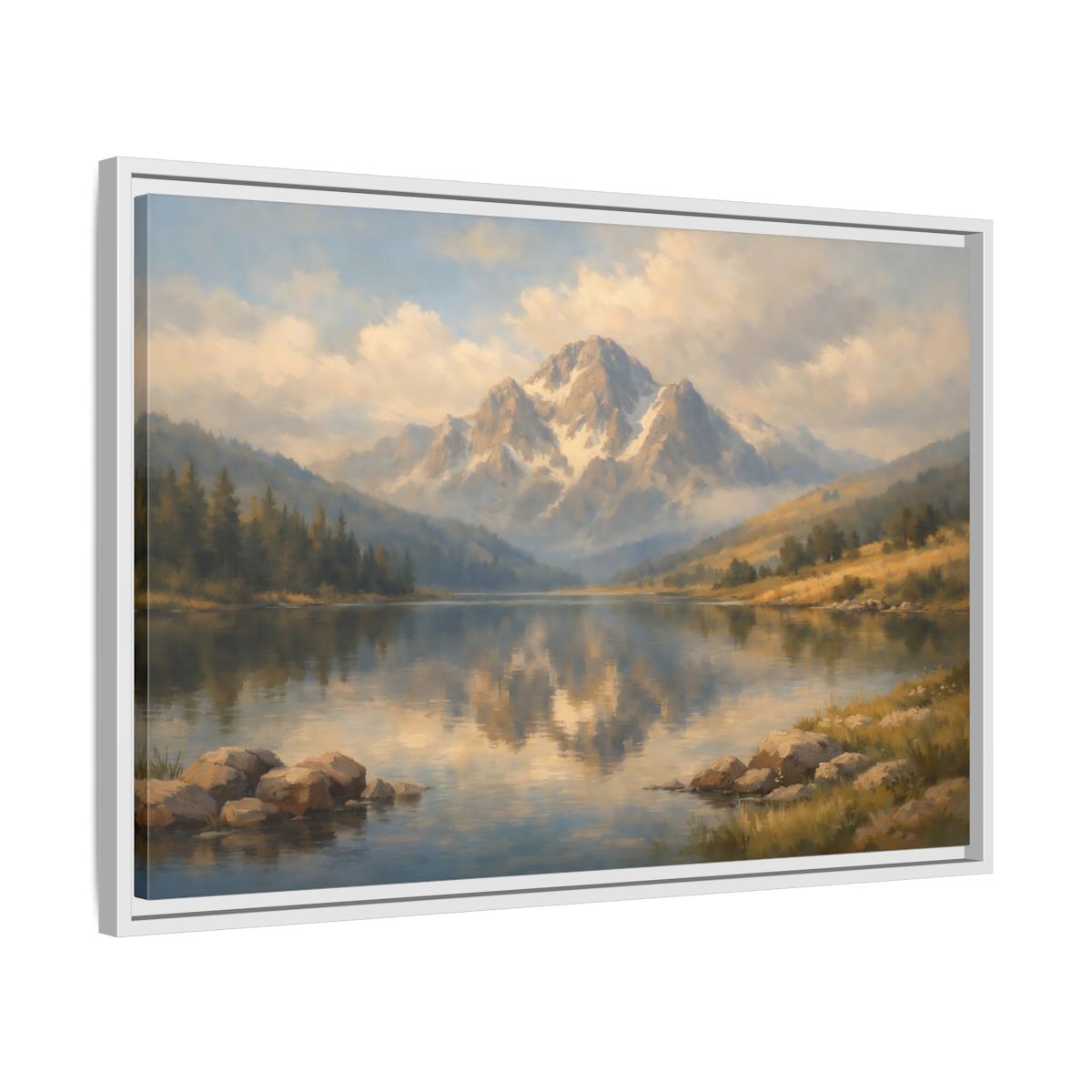 Side Mockup 10. Nature Mountain Lake Blue Gold Landscape shown as stretched canvas wall art