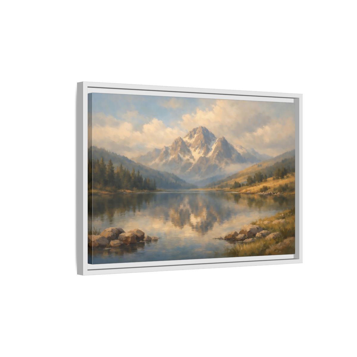 Side Mockup 1. Nature Mountain Lake Blue Gold Landscape shown as stretched canvas wall art