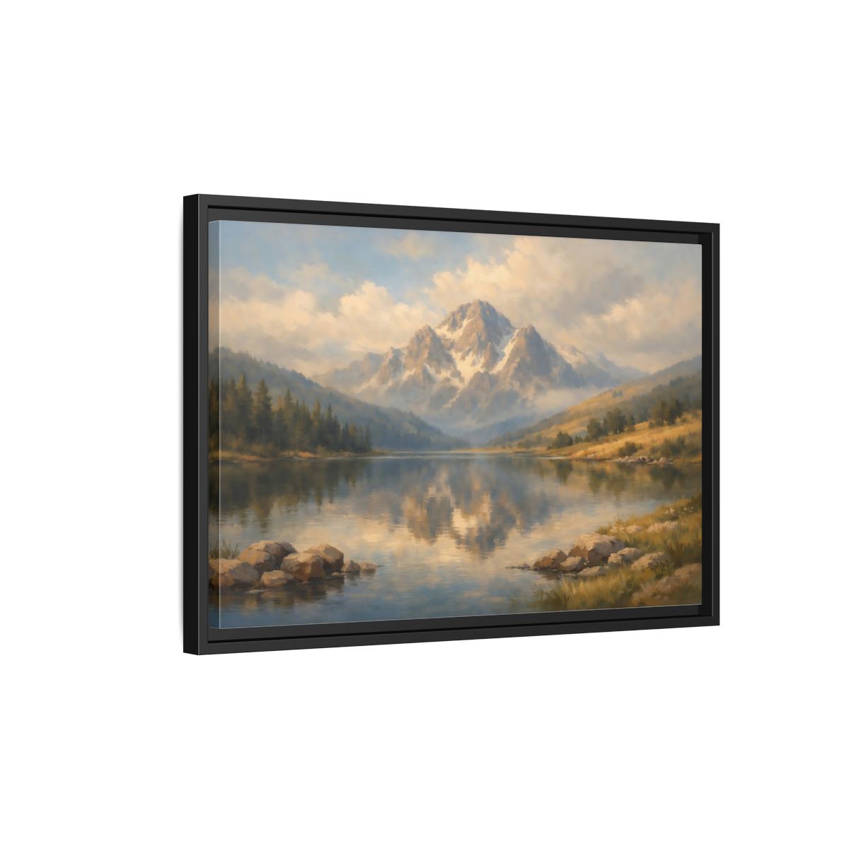 Side Mockup 3. Nature Mountain Lake Blue Gold Landscape shown as stretched canvas wall art