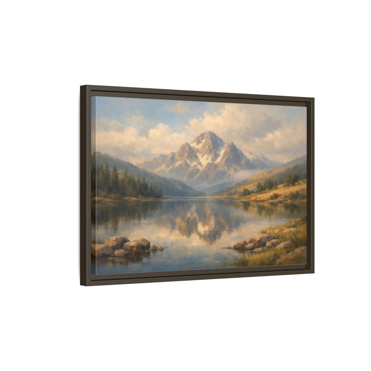 Side Mockup 2. Nature Mountain Lake Blue Gold Landscape shown as stretched canvas wall art