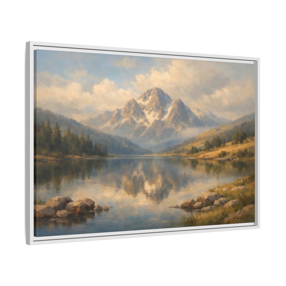 Side Mockup 8. Nature Mountain Lake Blue Gold Landscape shown as stretched canvas wall art