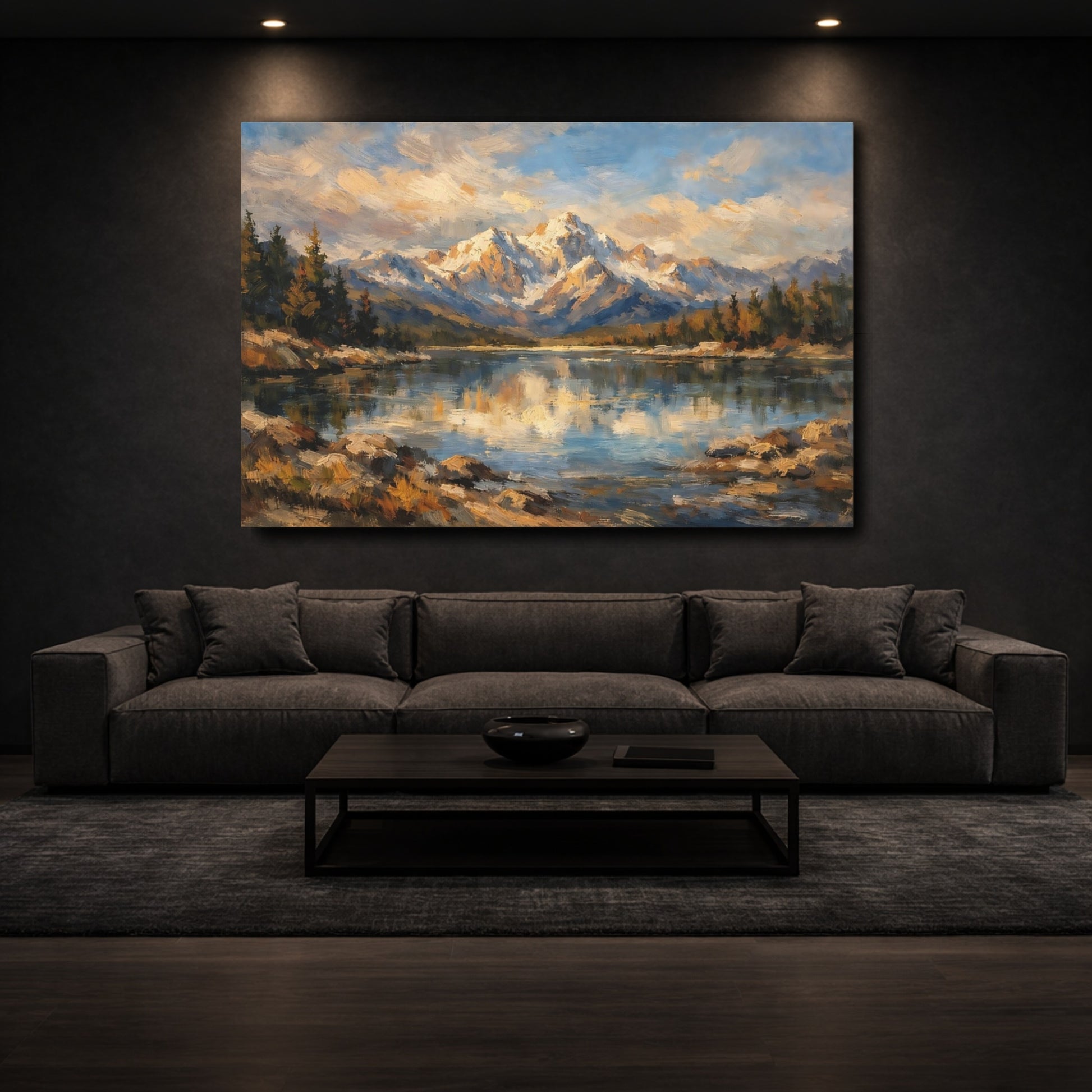 Mockup 2. Nature Mountain Lake Blue Gold Landscape shown as stretched canvas wall art