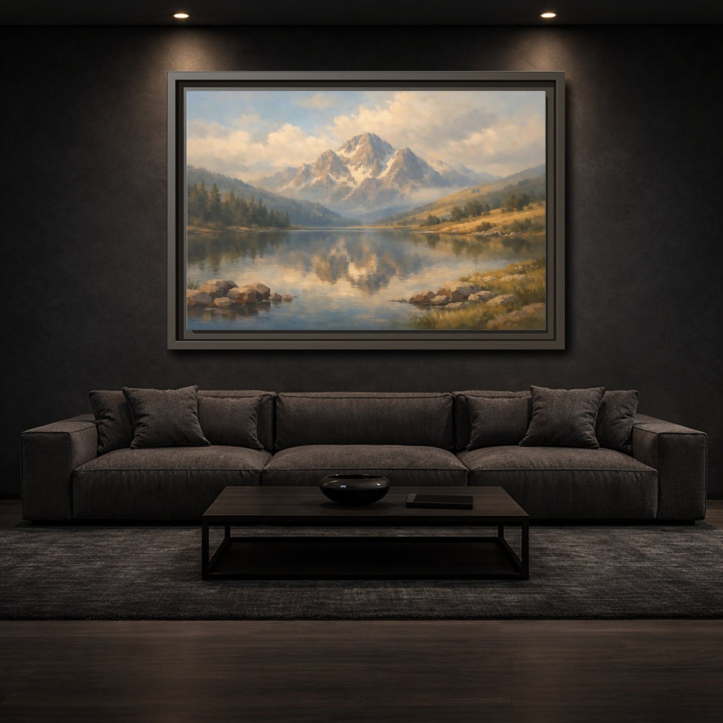 Mockup 2. Nature Mountain Lake Blue Gold Landscape shown as stretched canvas wall art