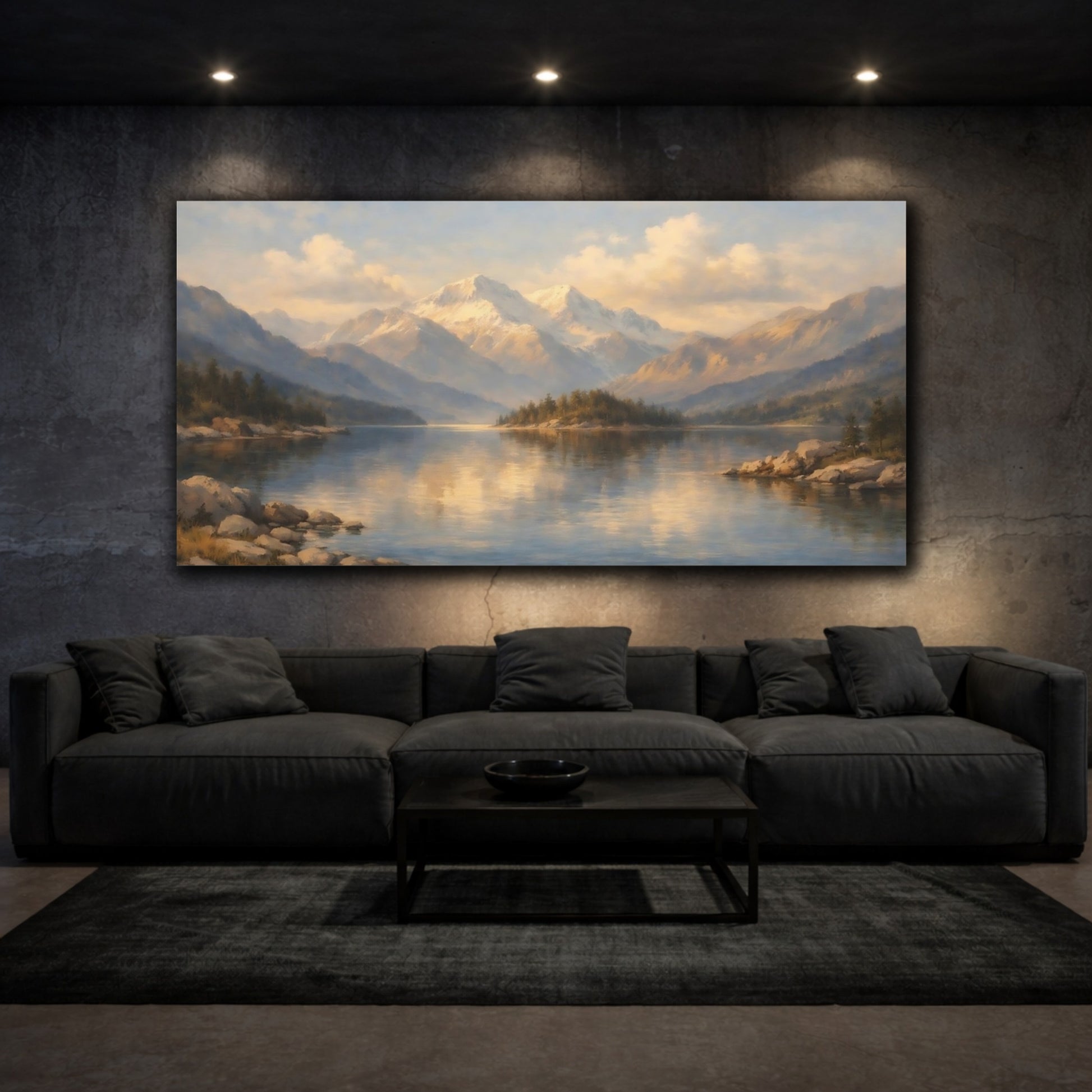 Mockup 2. Nature Mountain Lake Blue Gold Landscape shown as stretched canvas wall art