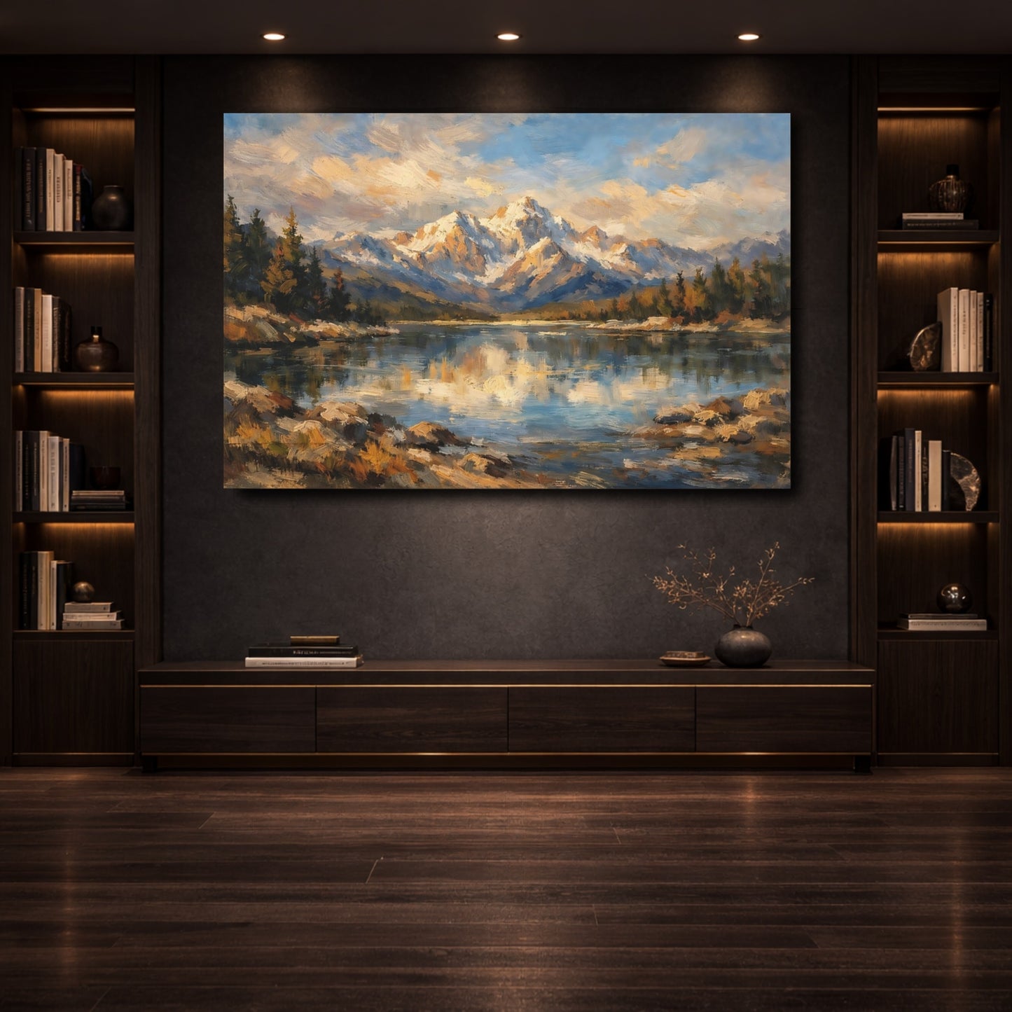 Mockup 3. Nature Mountain Lake Blue Gold Landscape shown as stretched canvas wall art