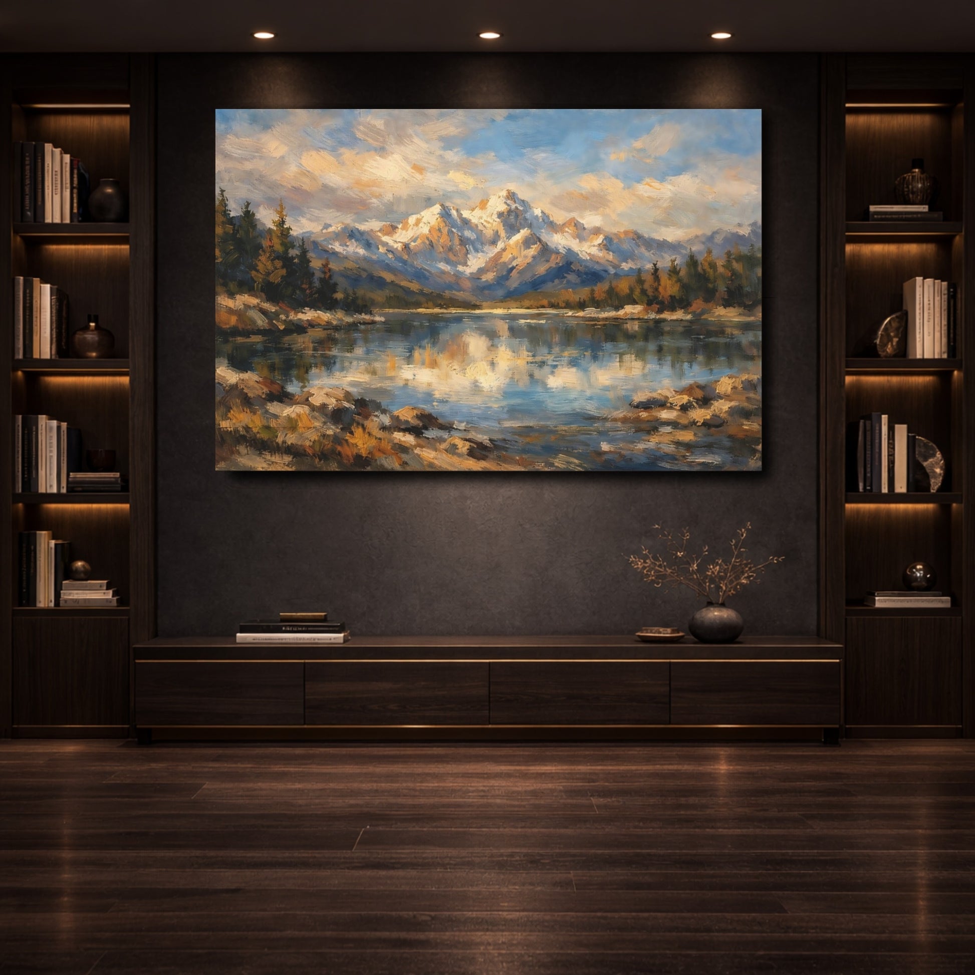 Mockup 3. Nature Mountain Lake Blue Gold Landscape shown as stretched canvas wall art