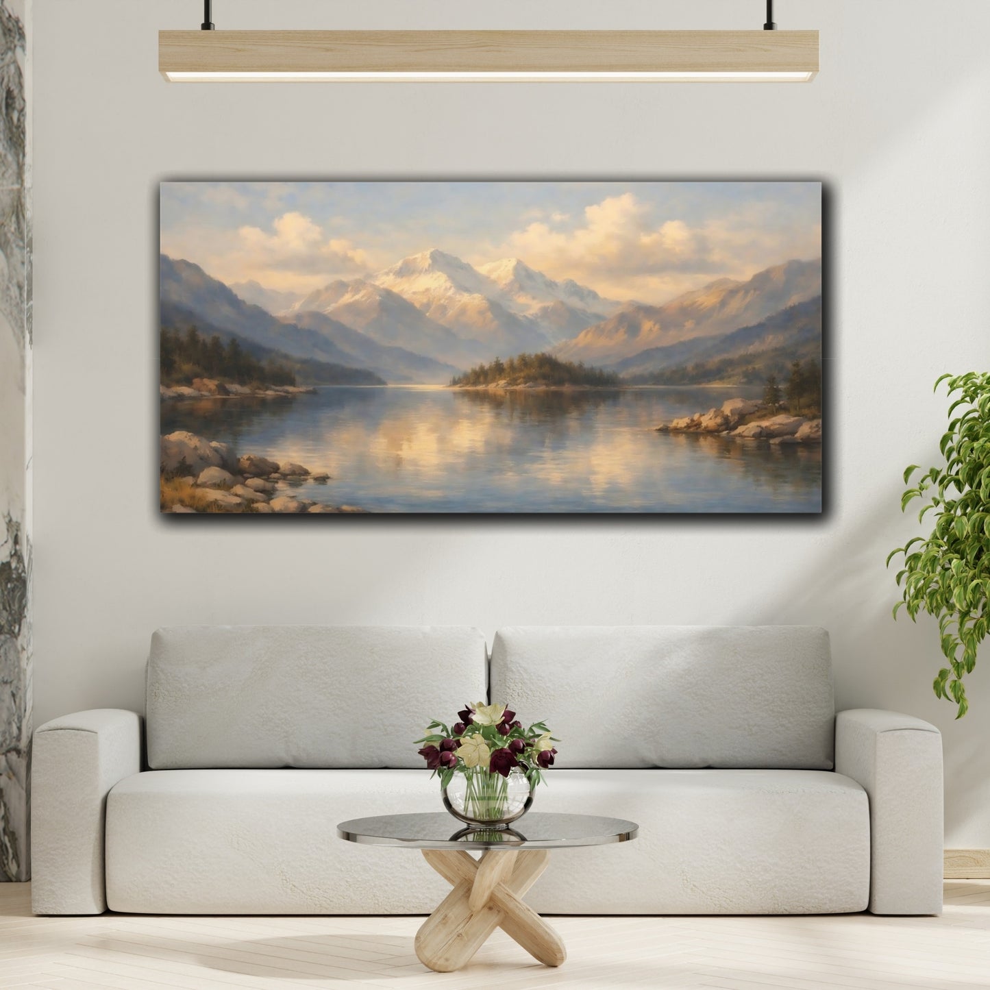 Mockup 3. Nature Mountain Lake Blue Gold Landscape shown as stretched canvas wall art