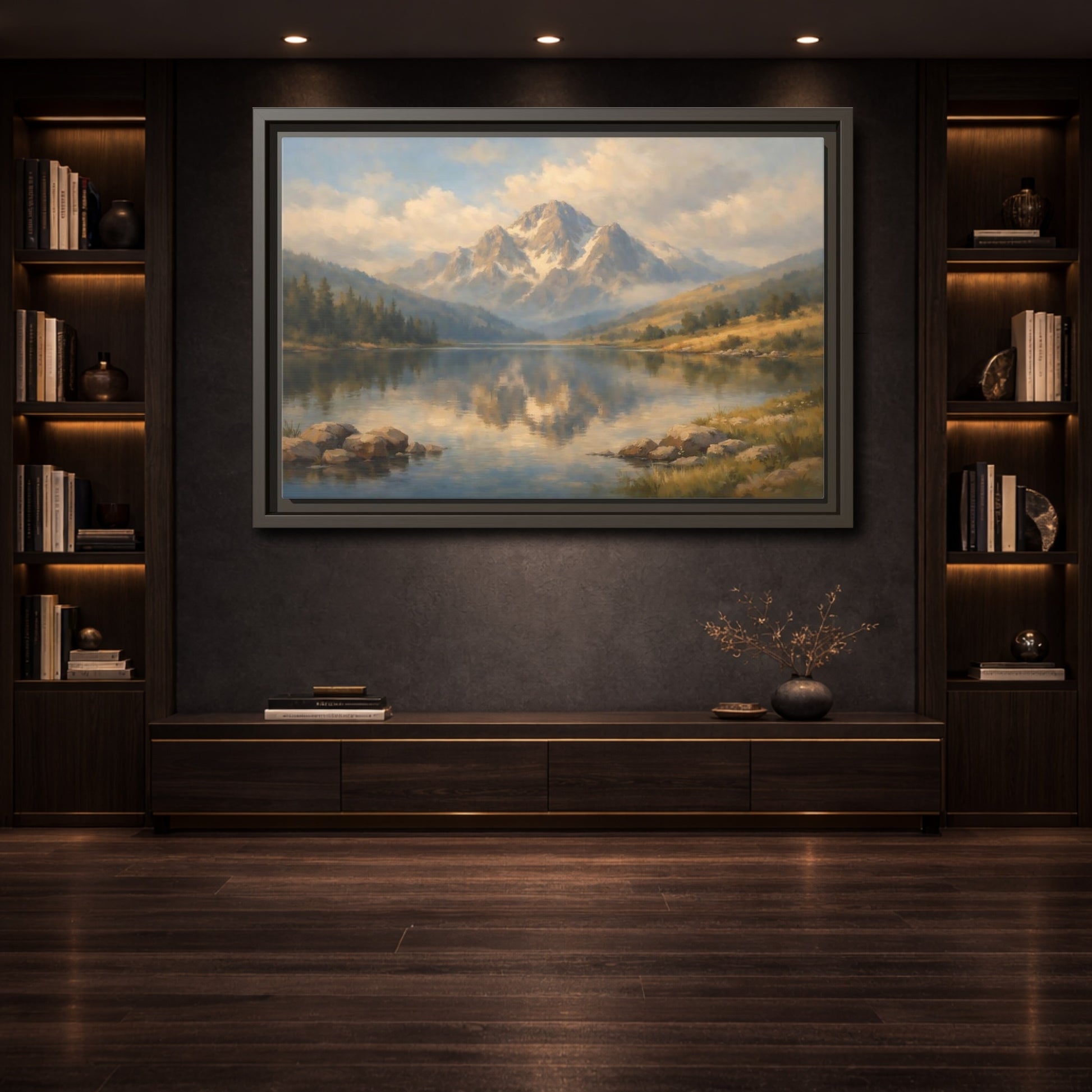 Mockup 3. Nature Mountain Lake Blue Gold Landscape shown as stretched canvas wall art