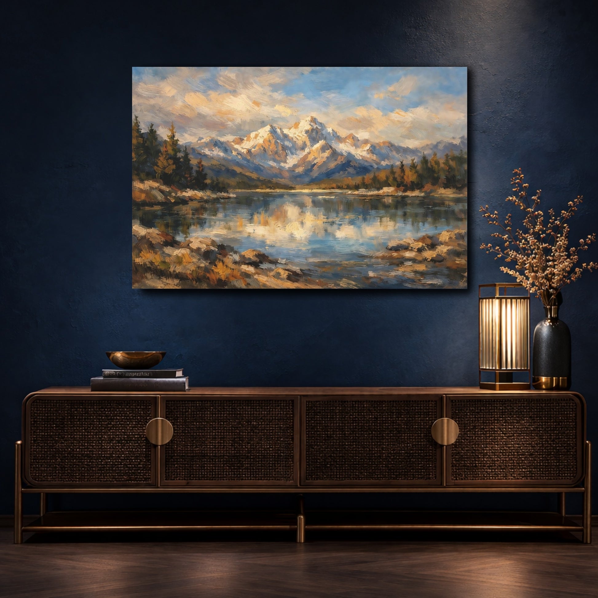 Mockup 4. Nature Mountain Lake Blue Gold Landscape shown as stretched canvas wall art