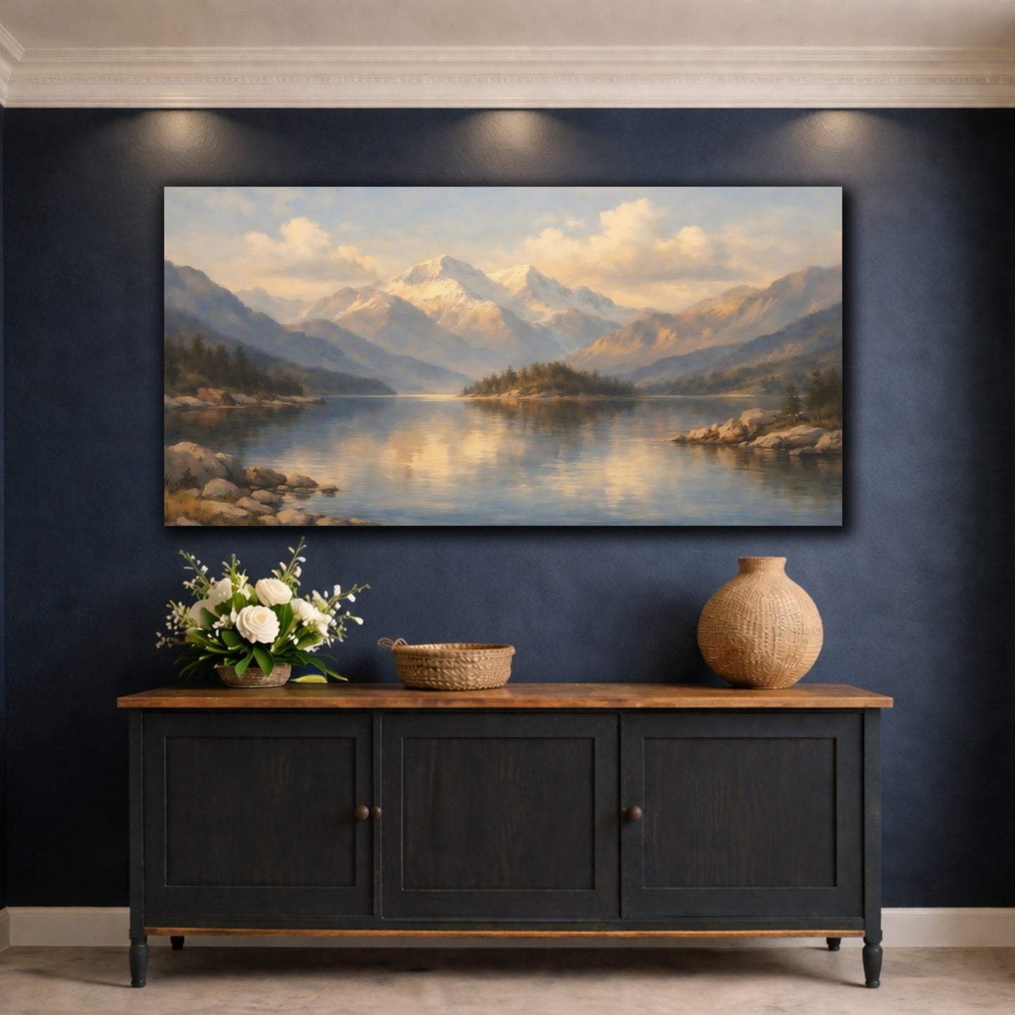 Mockup 4. Nature Mountain Lake Blue Gold Landscape shown as stretched canvas wall art