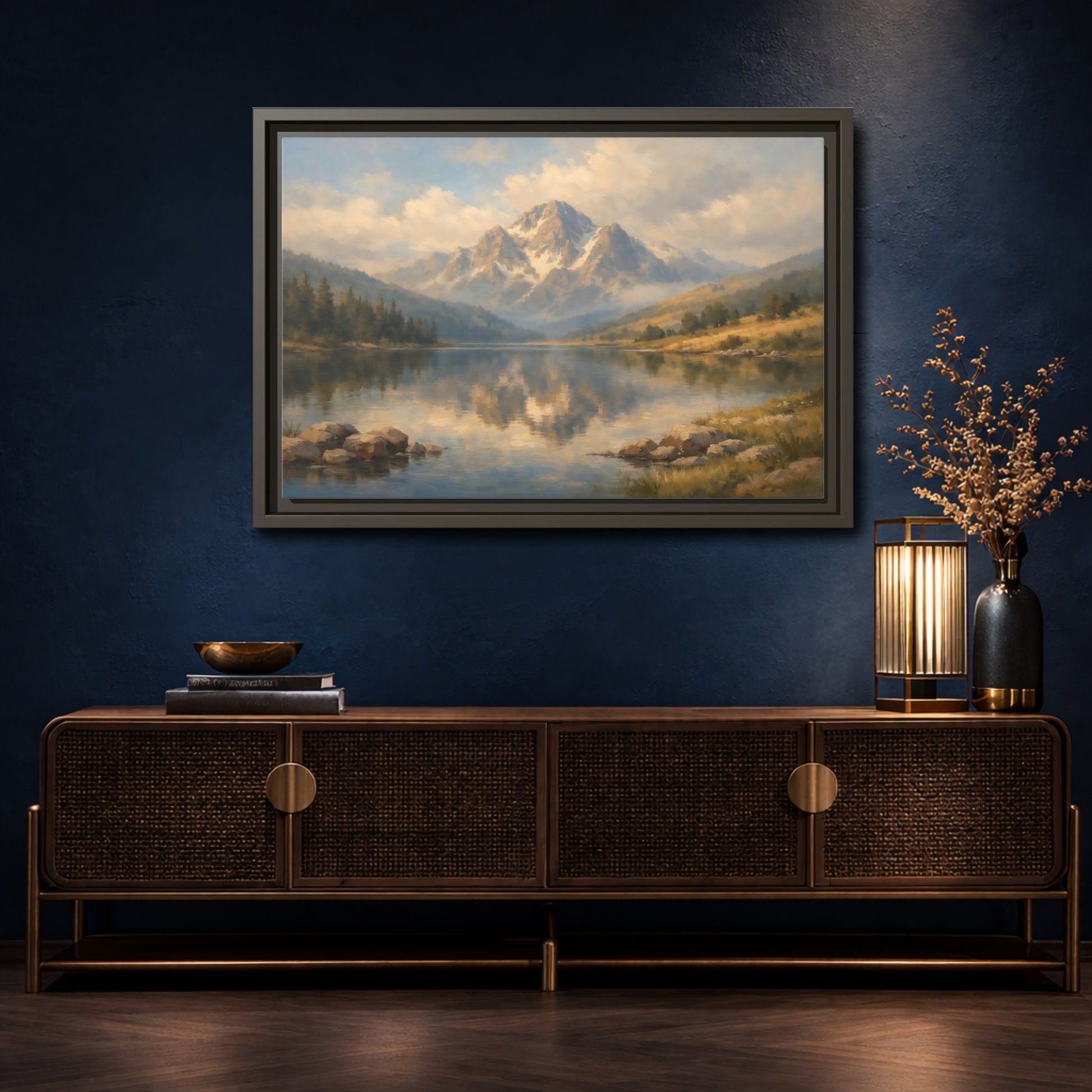 Mockup 4. Nature Mountain Lake Blue Gold Landscape shown as stretched canvas wall art