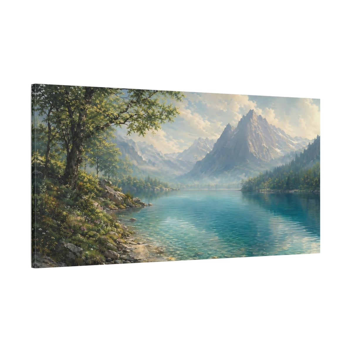 Side Mockup 2. Nature Mountain Lake Blue Green Lake shown as stretched canvas wall art