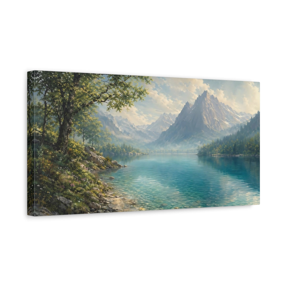 Side Mockup 3. Nature Mountain Lake Blue Green Lake shown as stretched canvas wall art