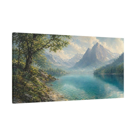Main Mockup. Nature Mountain Lake Blue Green Lake shown as stretched canvas wall art