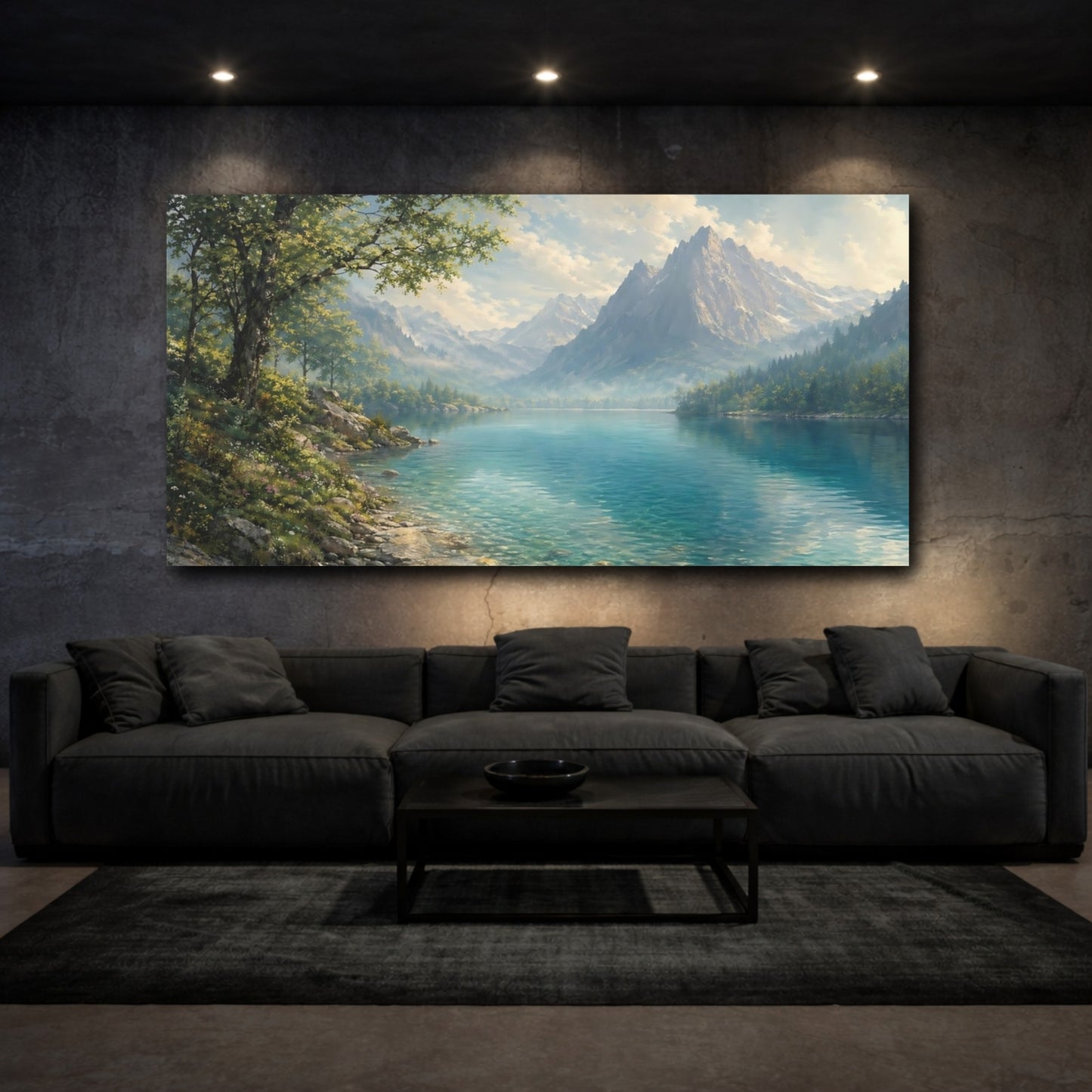 Mockup 2. Nature Mountain Lake Blue Green Lake shown as stretched canvas wall art