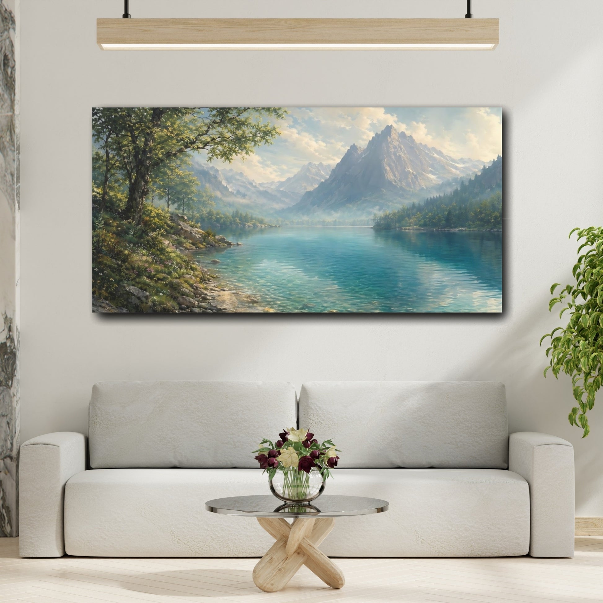 Mockup 3. Nature Mountain Lake Blue Green Lake shown as stretched canvas wall art