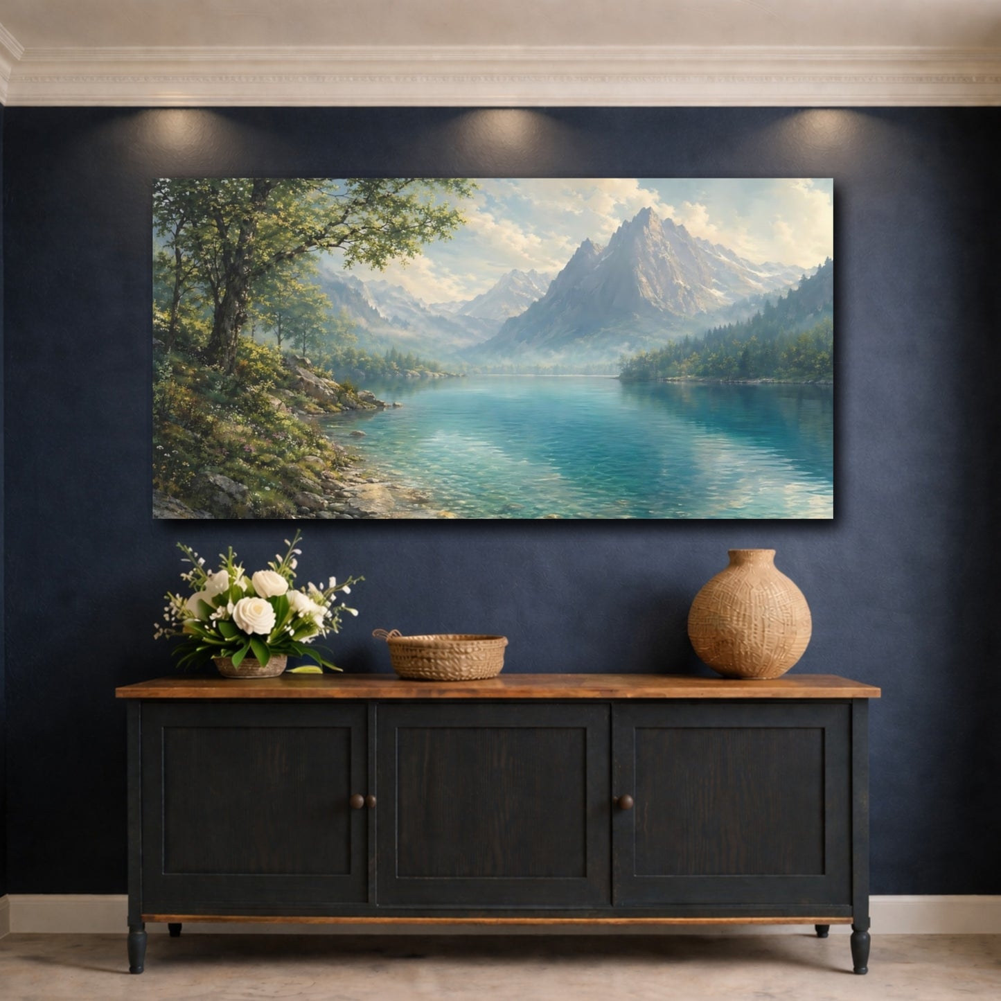 Mockup 4. Nature Mountain Lake Blue Green Lake shown as stretched canvas wall art