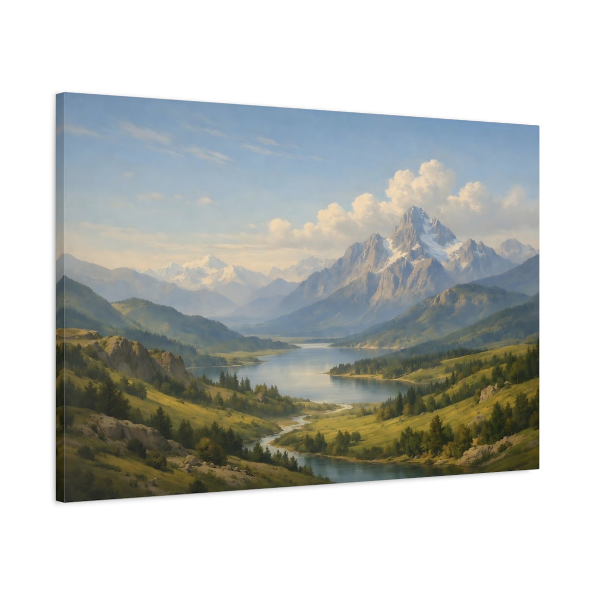 Main Mockup. Nature Mountain Lake Blue Green Landscape shown as stretched canvas wall art