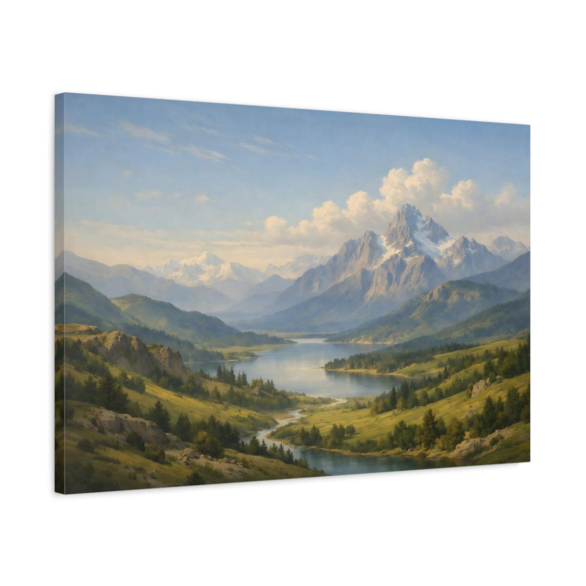 Side Mockup 2. Nature Mountain Lake Blue Green Landscape shown as stretched canvas wall art