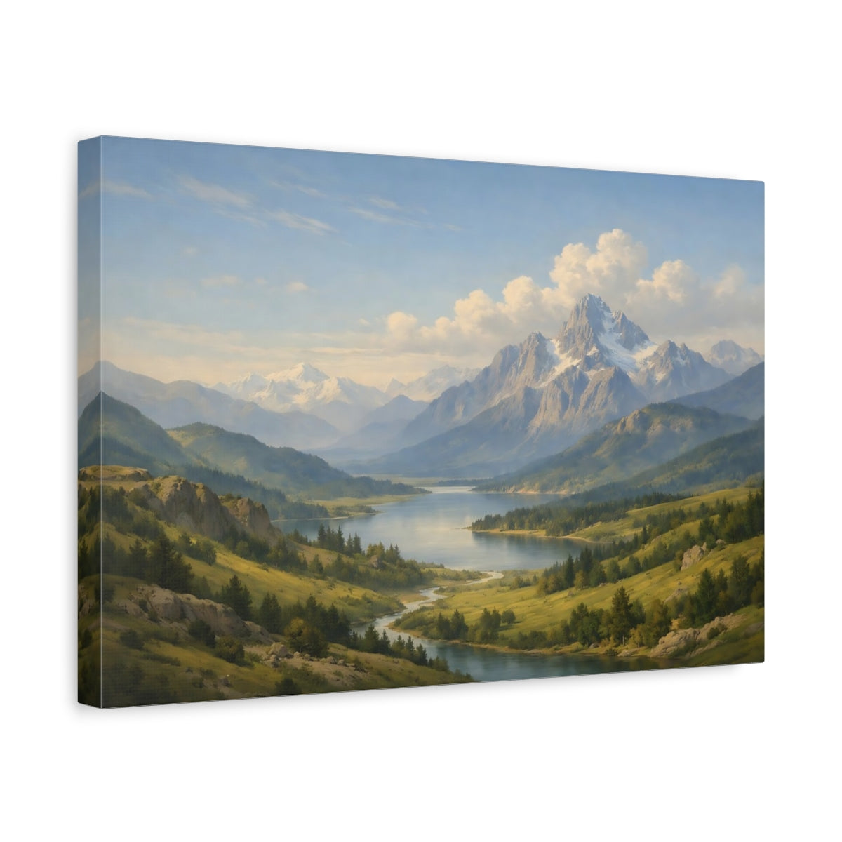 Side Mockup 4. Nature Mountain Lake Blue Green Landscape shown as stretched canvas wall art