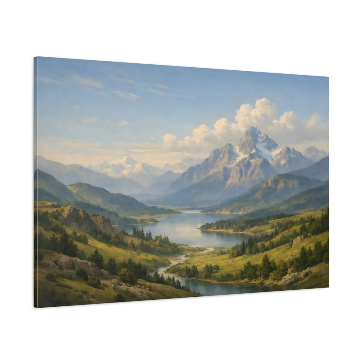 Side Mockup 1. Nature Mountain Lake Blue Green Landscape shown as stretched canvas wall art