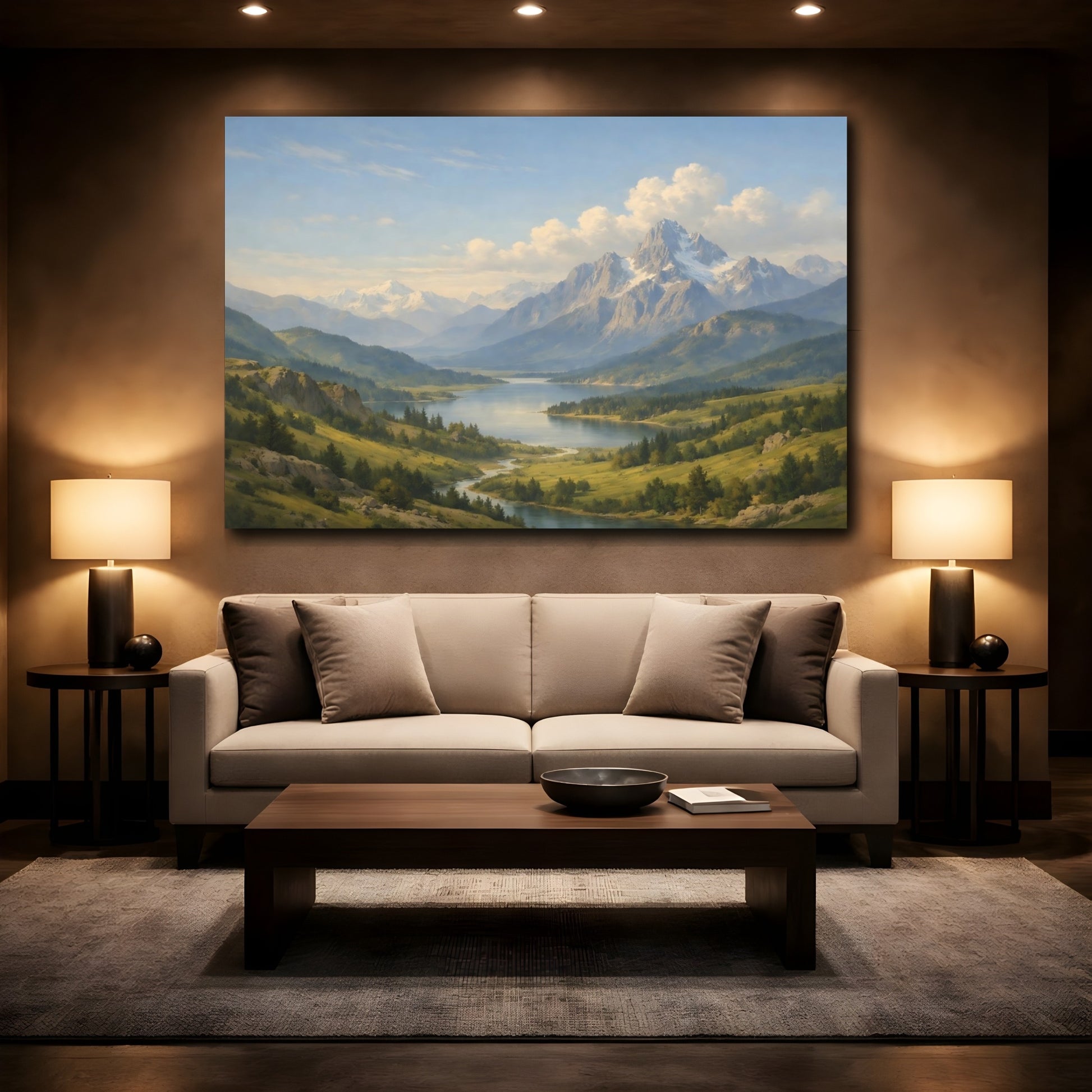 Mockup 2. Nature Mountain Lake Blue Green Landscape shown as stretched canvas wall art