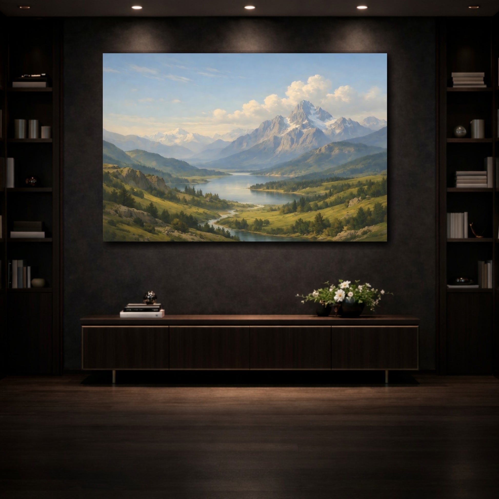Mockup 3. Nature Mountain Lake Blue Green Landscape shown as stretched canvas wall art