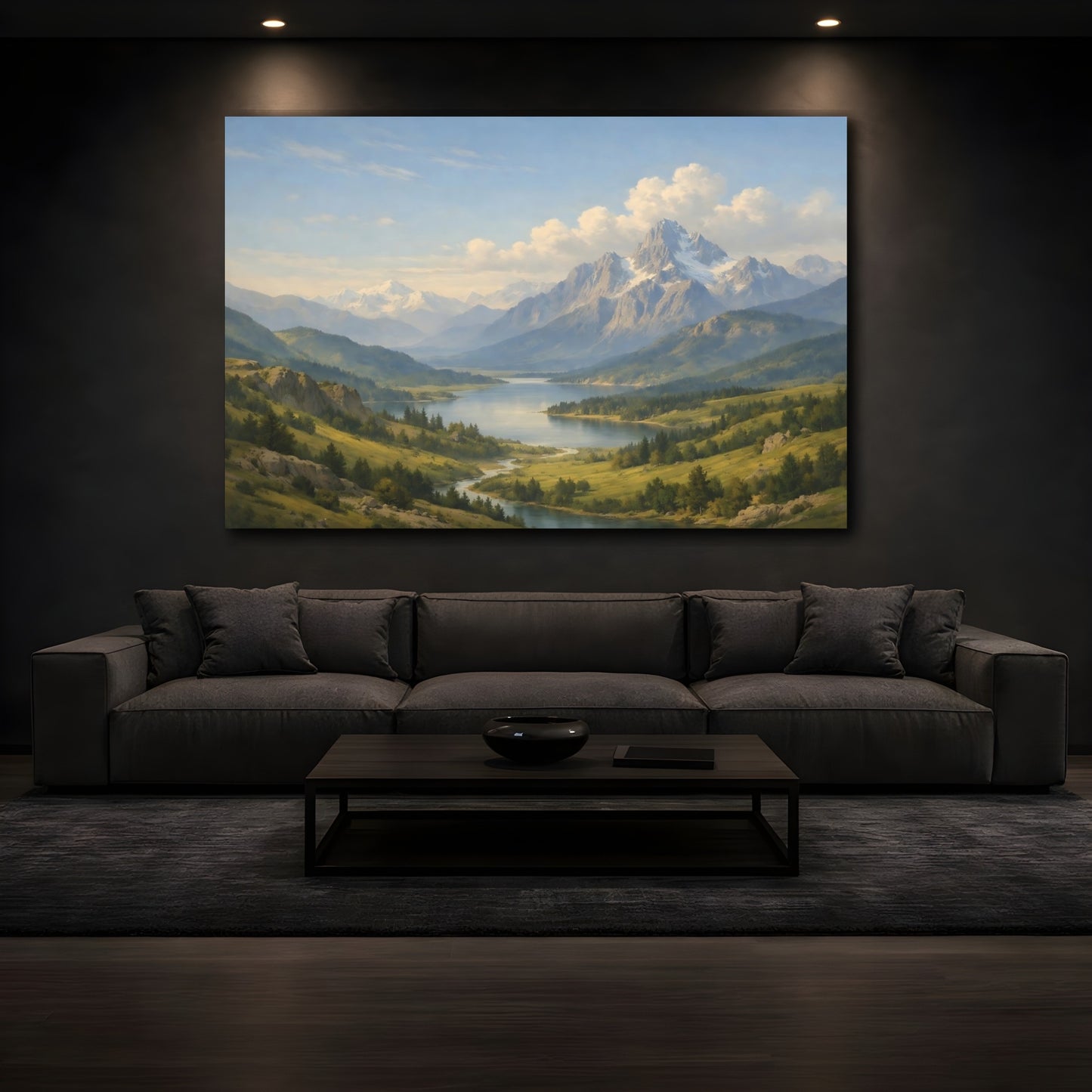 Mockup 4. Nature Mountain Lake Blue Green Landscape shown as stretched canvas wall art