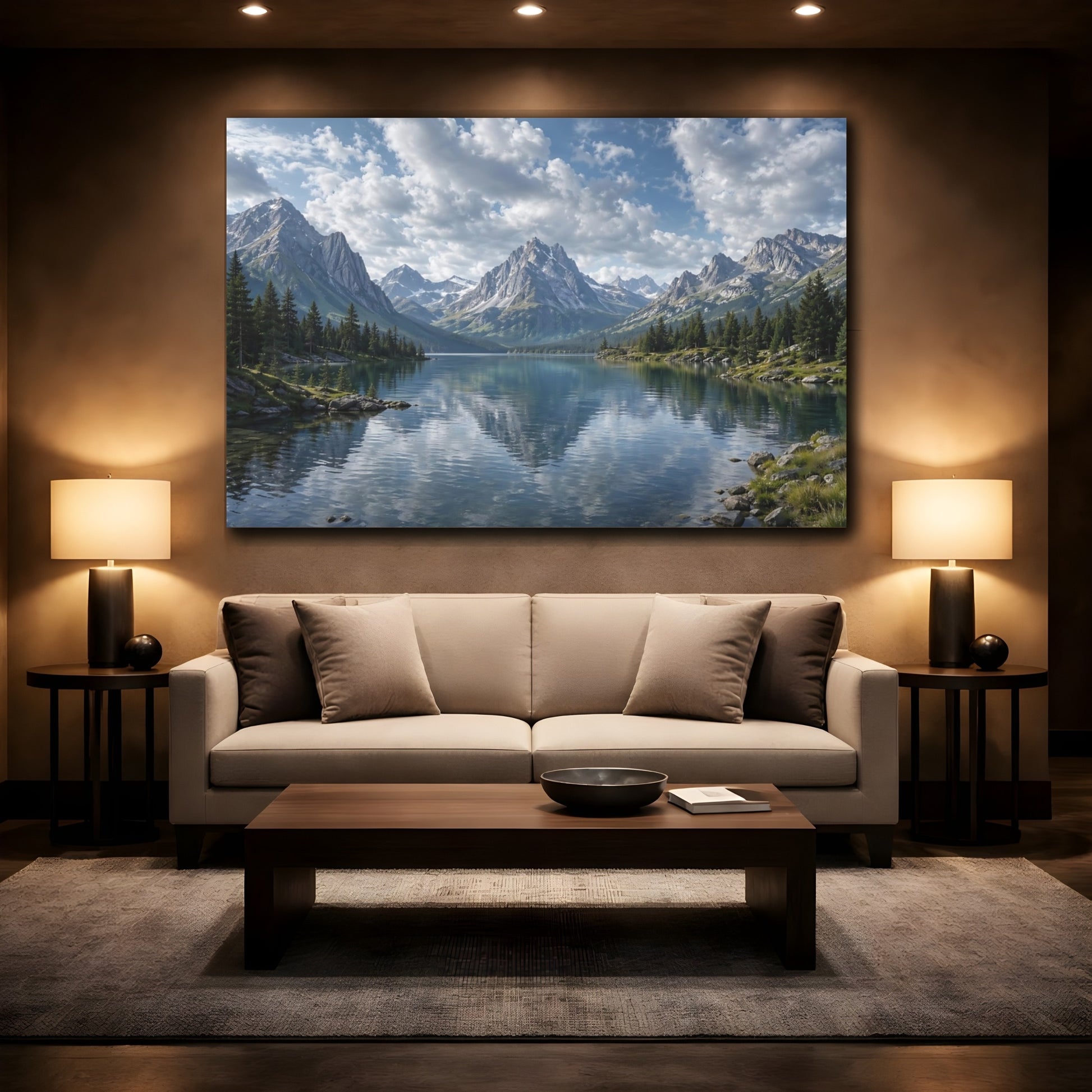 Mockup 2. Nature Mountain Lake Blue Lake Mountain shown as stretched canvas wall art