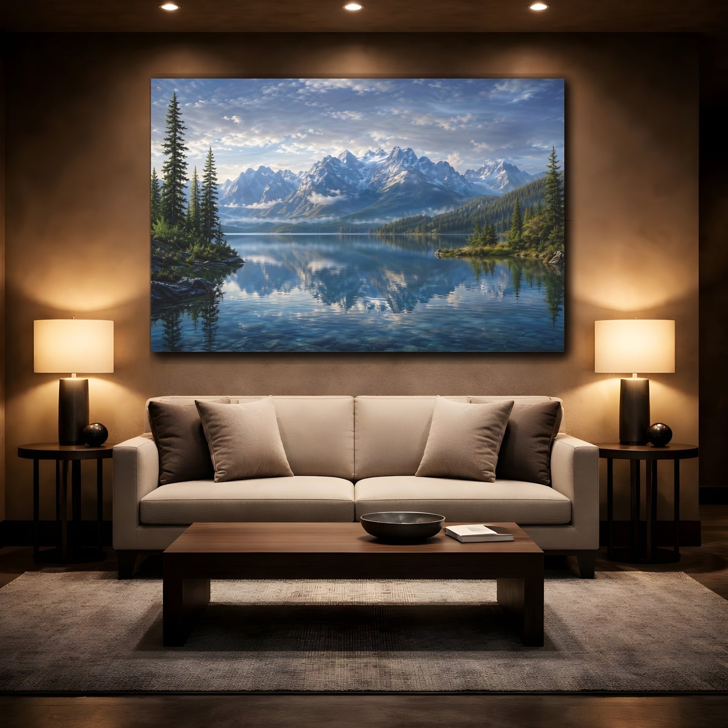 Mockup 2. Nature Mountain Lake Blue Lake Mountain shown as stretched canvas wall art