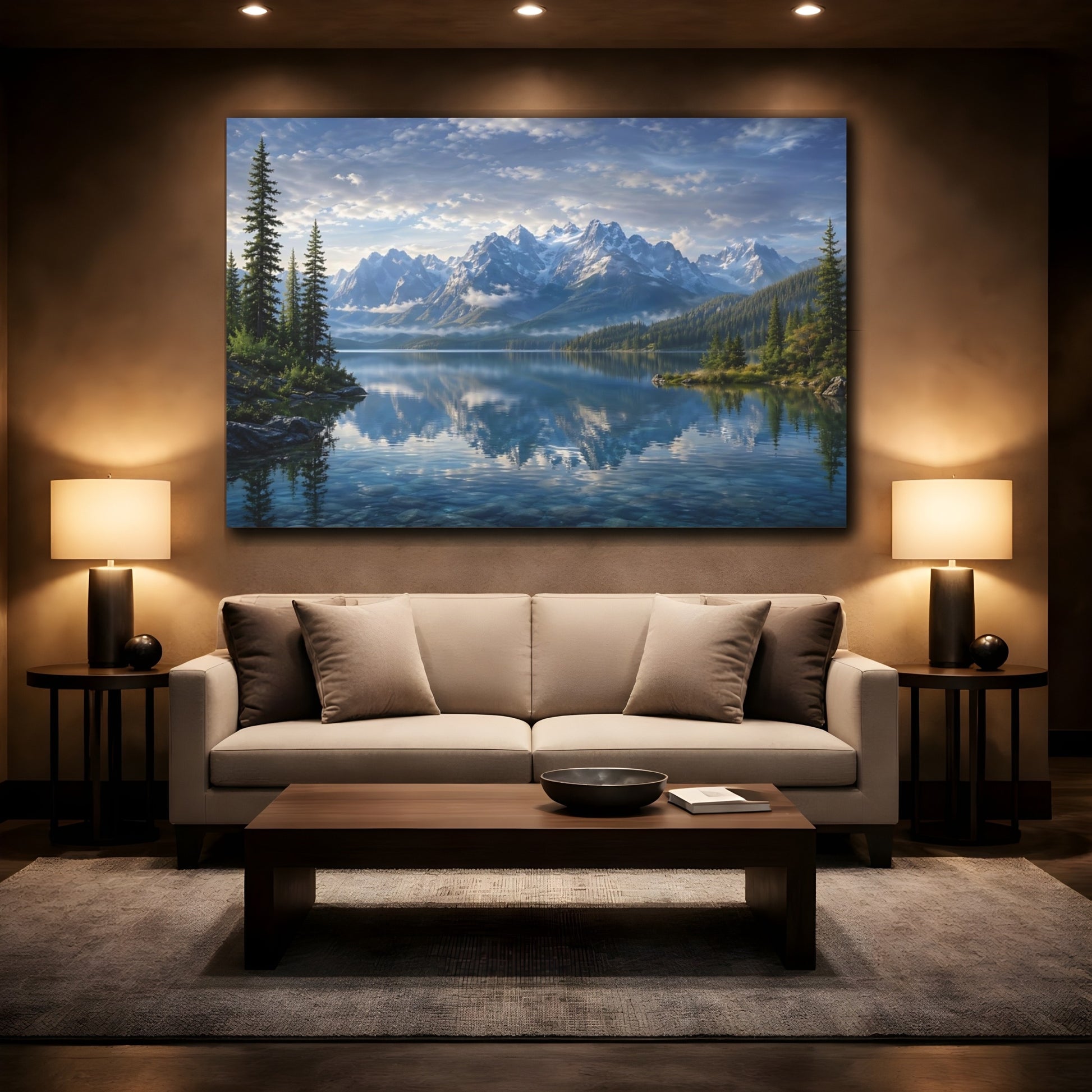 Mockup 2. Nature Mountain Lake Blue Lake Mountain shown as stretched canvas wall art