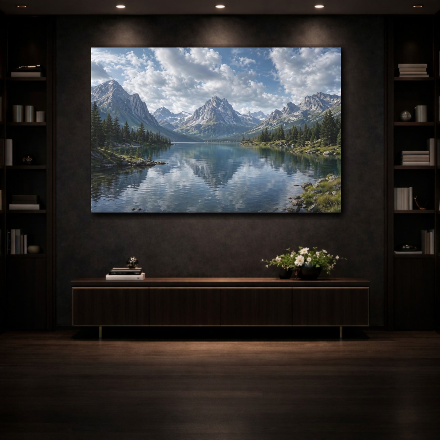Mockup 3. Nature Mountain Lake Blue Lake Mountain shown as stretched canvas wall art