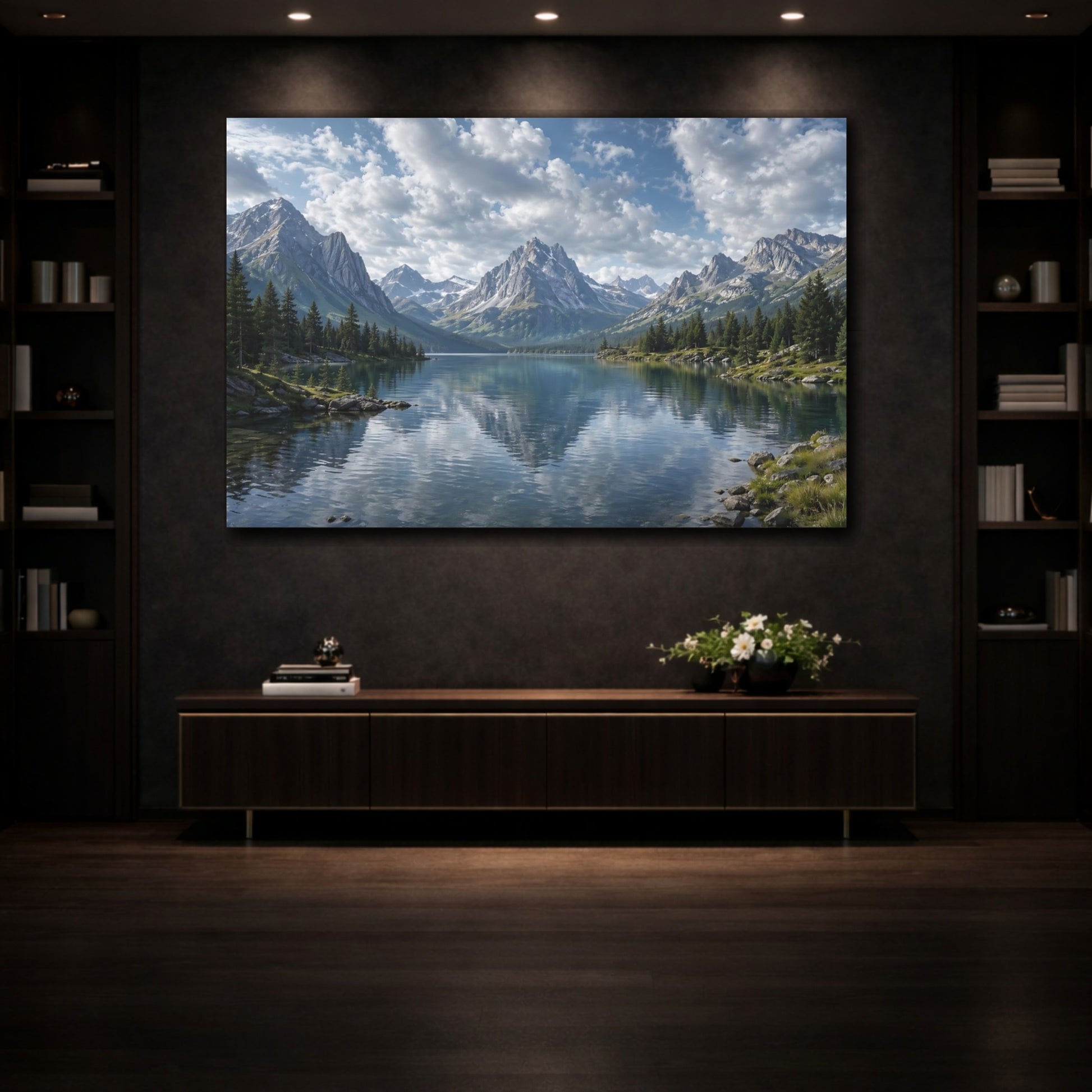 Mockup 3. Nature Mountain Lake Blue Lake Mountain shown as stretched canvas wall art