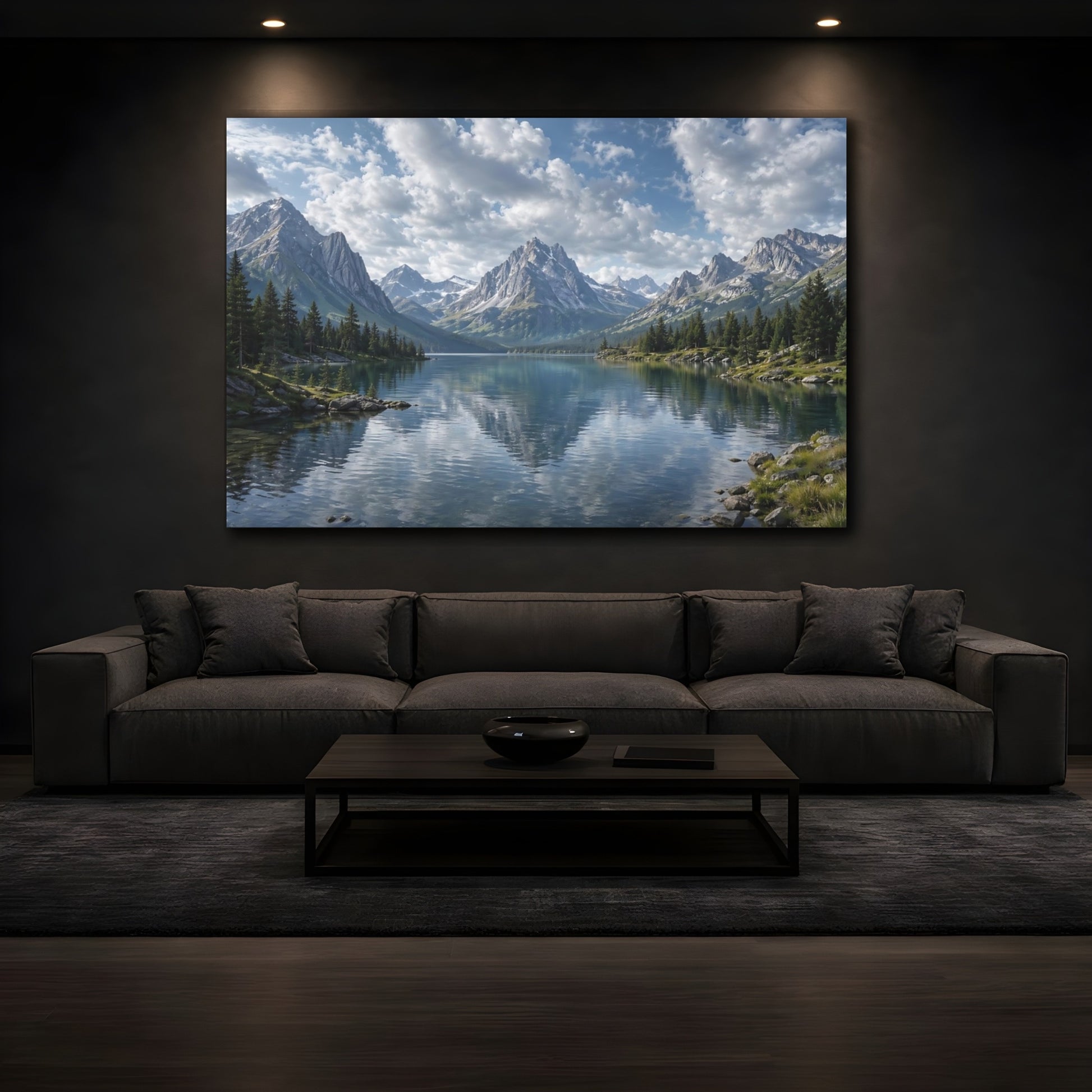 Mockup 4. Nature Mountain Lake Blue Lake Mountain shown as stretched canvas wall art