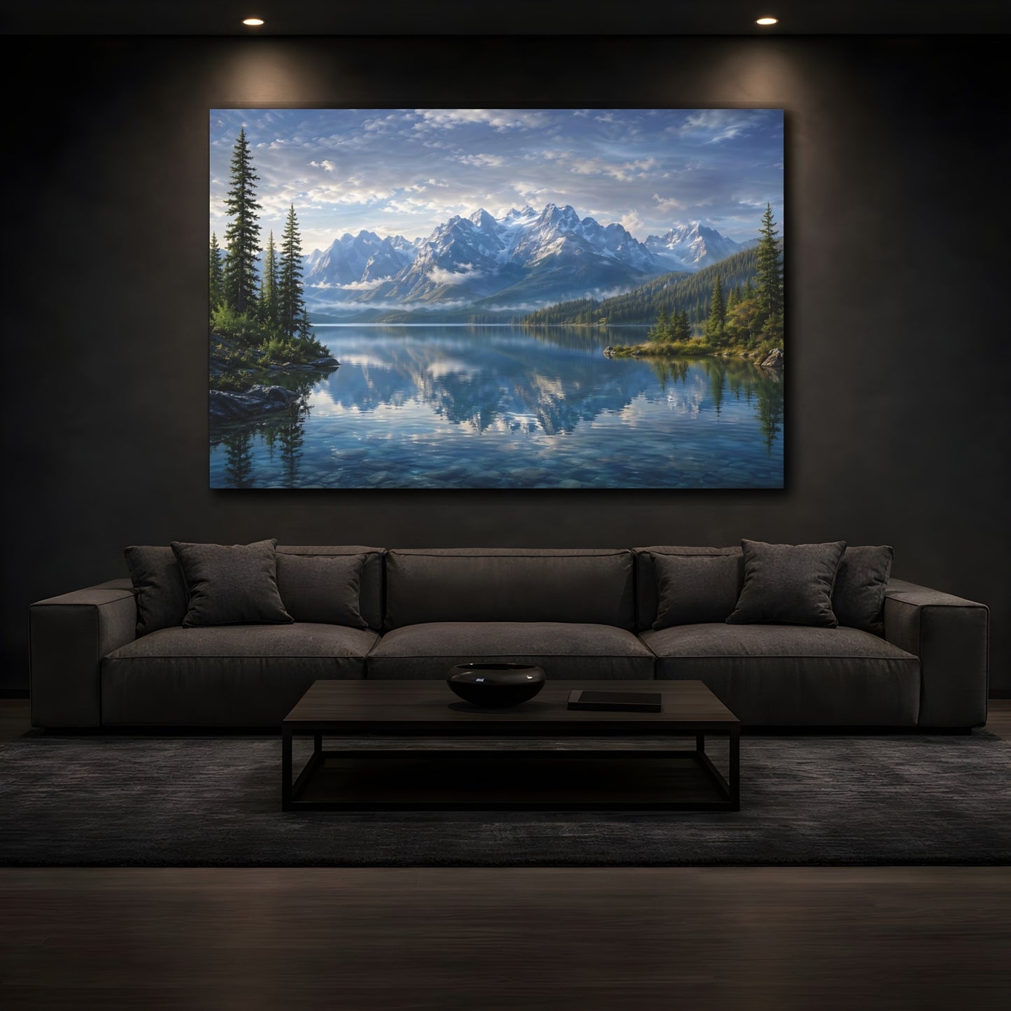 Mockup 4. Nature Mountain Lake Blue Lake Mountain shown as stretched canvas wall art