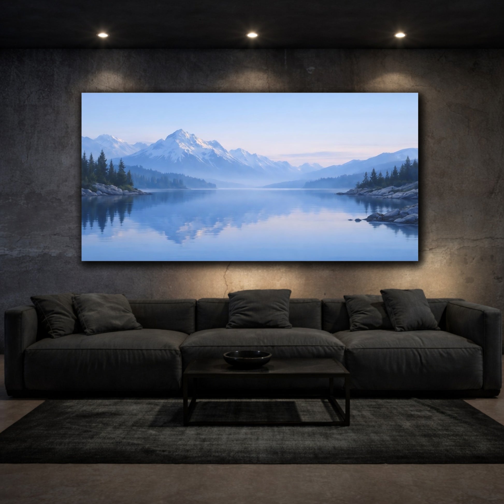 Mockup 2. Nature Mountain Lake Blue Mountain Lake shown as stretched canvas wall art