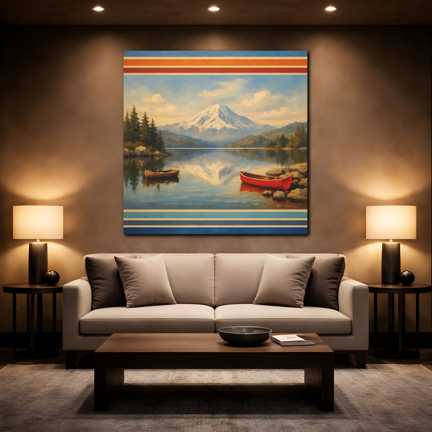 Mockup 2. Nature Mountain Lake Blue Mountain Lake shown as stretched canvas wall art