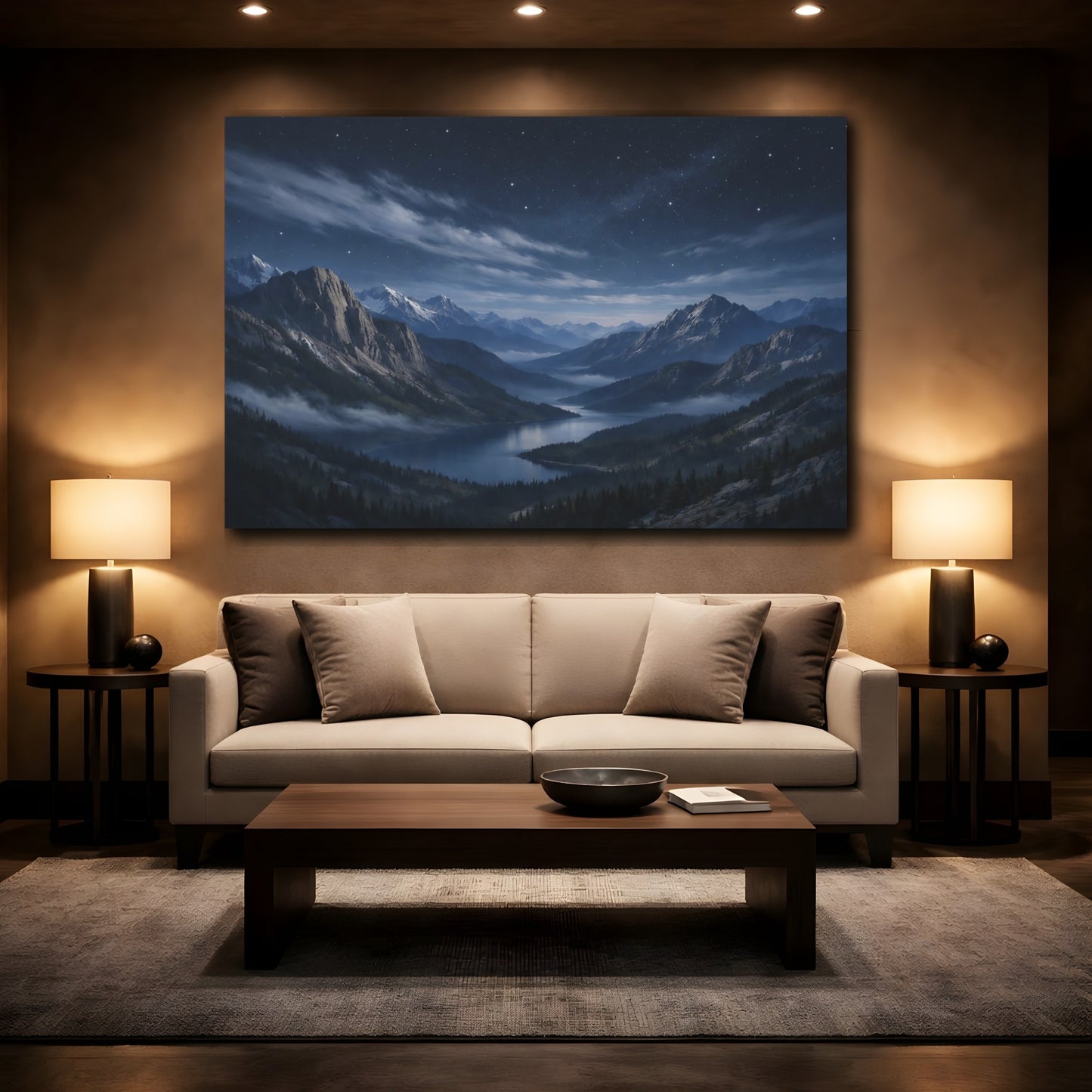 Mockup 2. Nature Mountain Lake Blue Mountain Lake shown as stretched canvas wall art