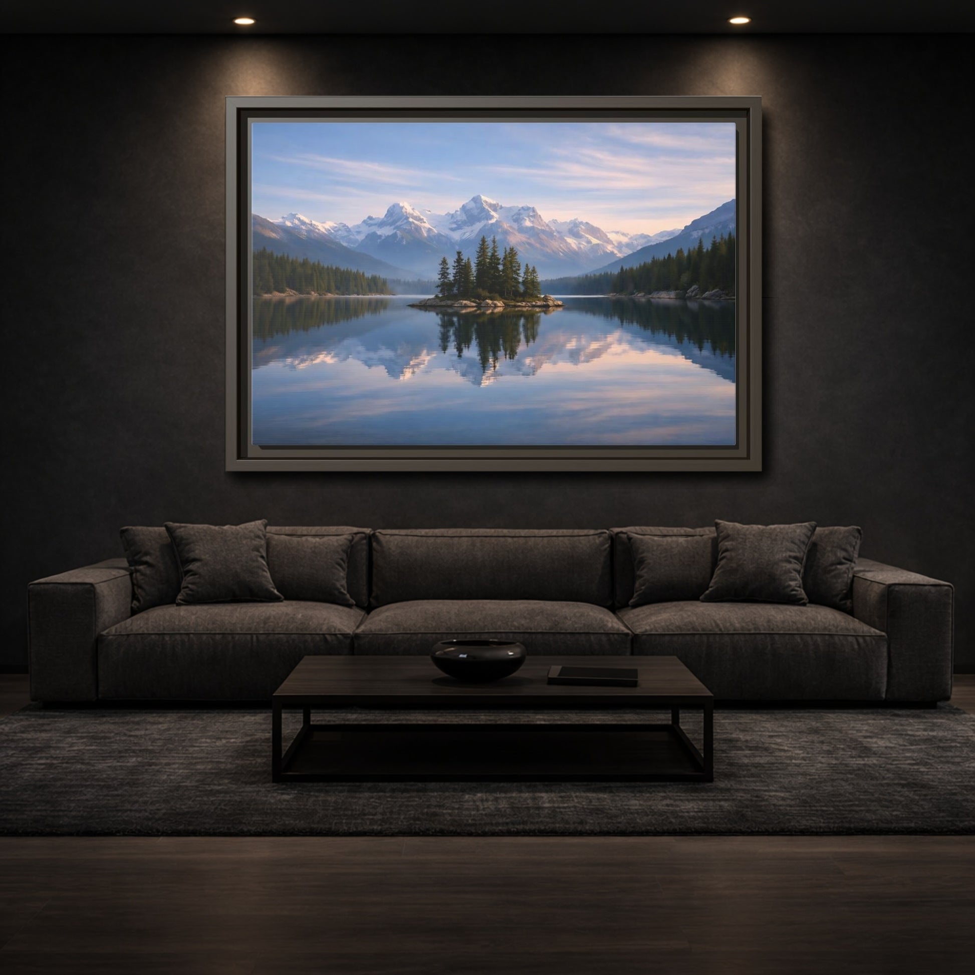 Mockup 2. Nature Mountain Lake Blue Mountain Lake shown as stretched canvas wall art