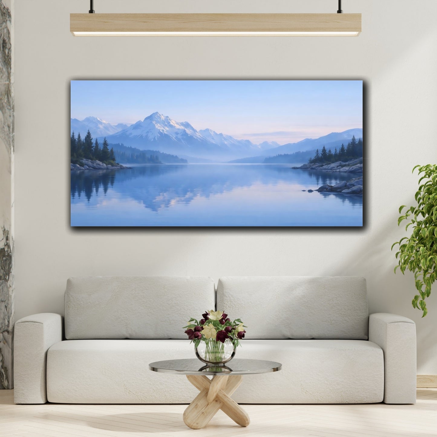 Mockup 3. Nature Mountain Lake Blue Mountain Lake shown as stretched canvas wall art