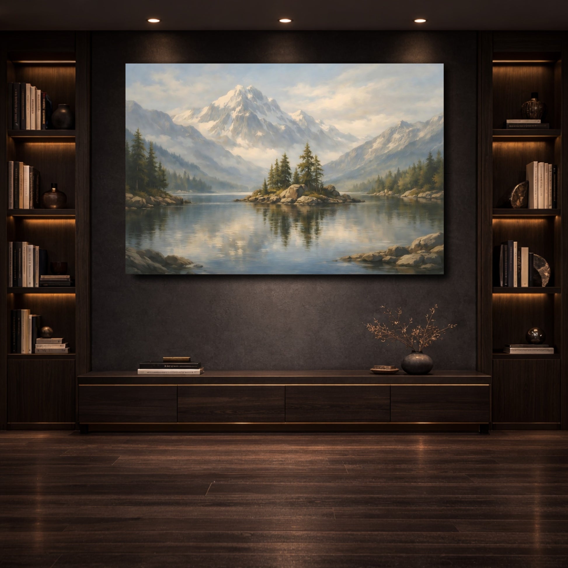 Mockup 3. Nature Mountain Lake Blue Mountain Lake shown as stretched canvas wall art